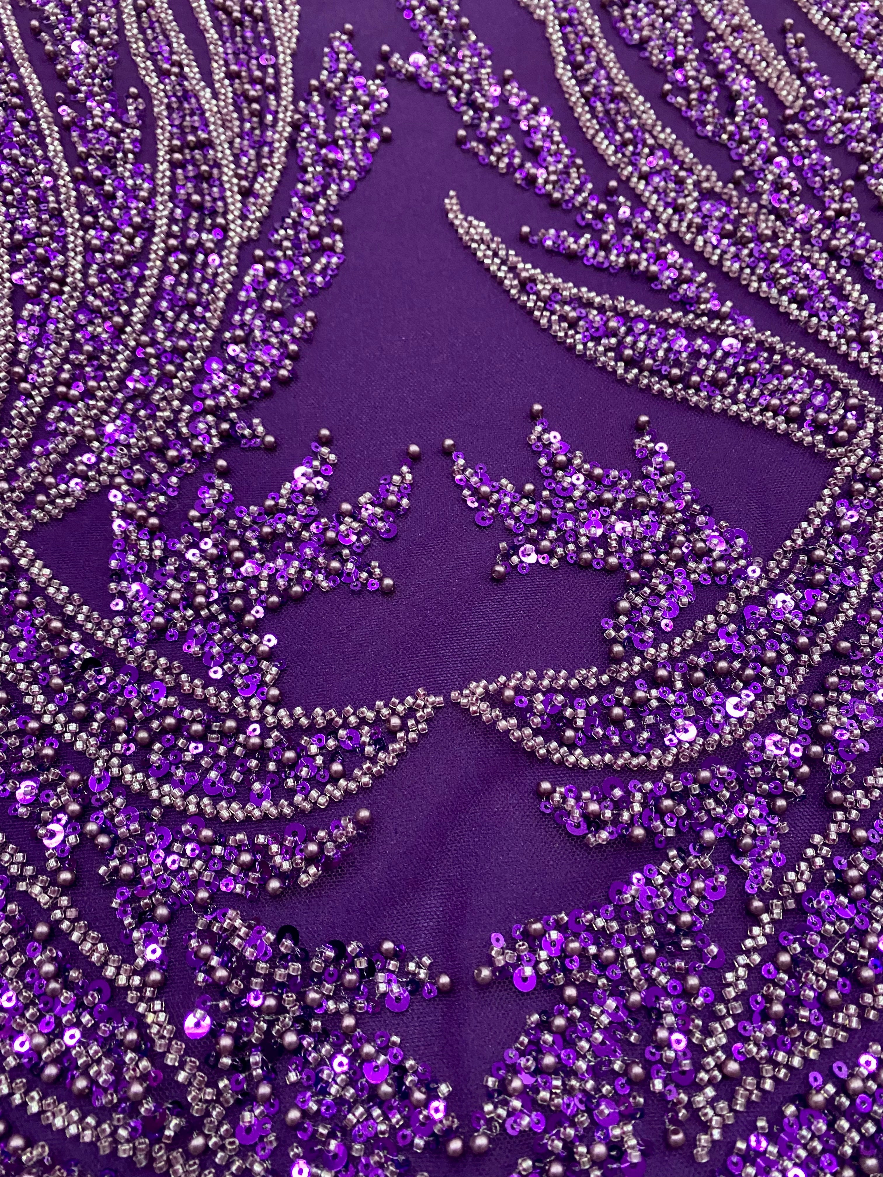 Dantela Couture Mov Inchis cu Panou, cu Perle, Margele si Paiete