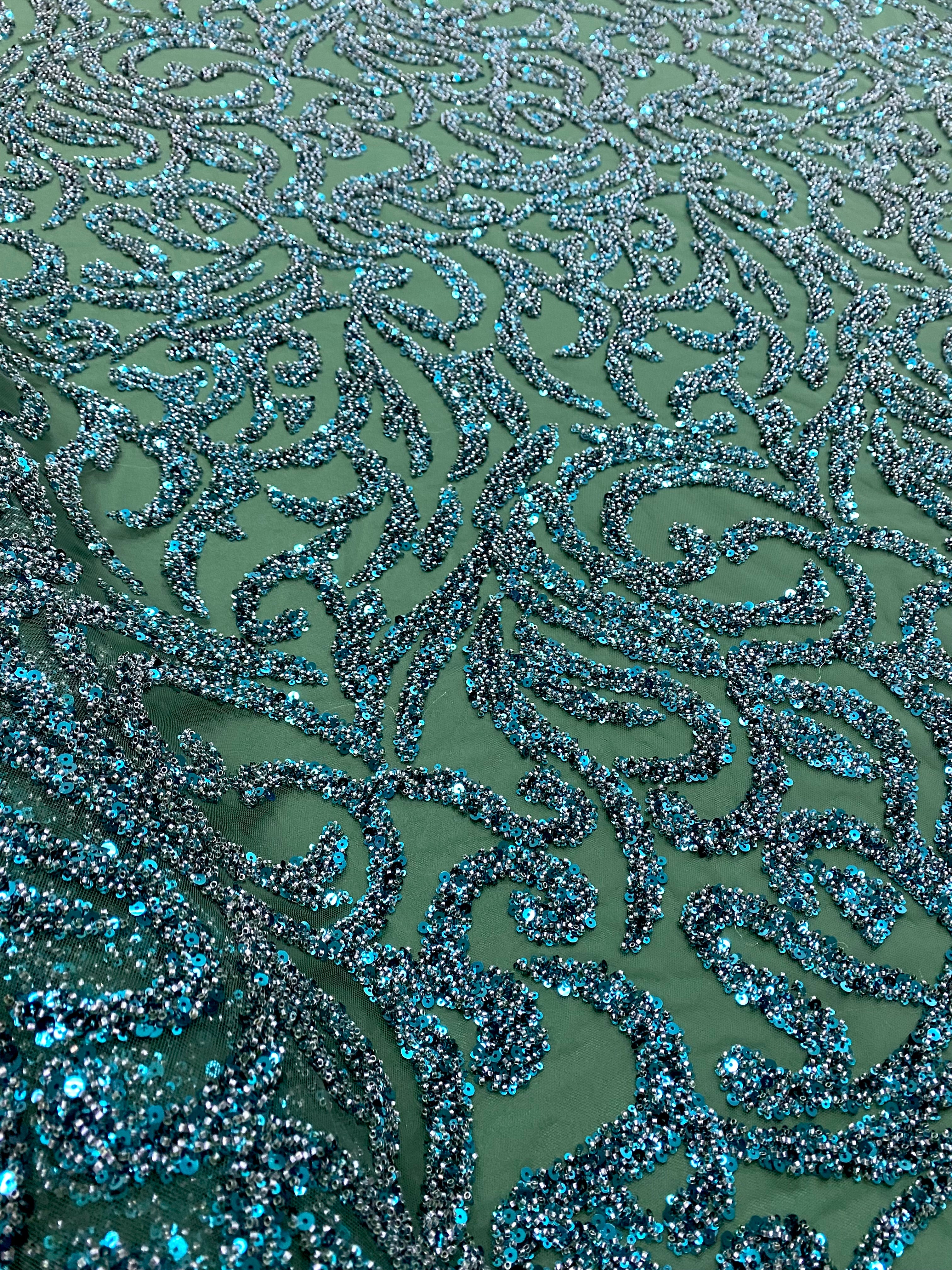Emerald Green Couture Lace with Geometric Pattern, with Beads and Sequins