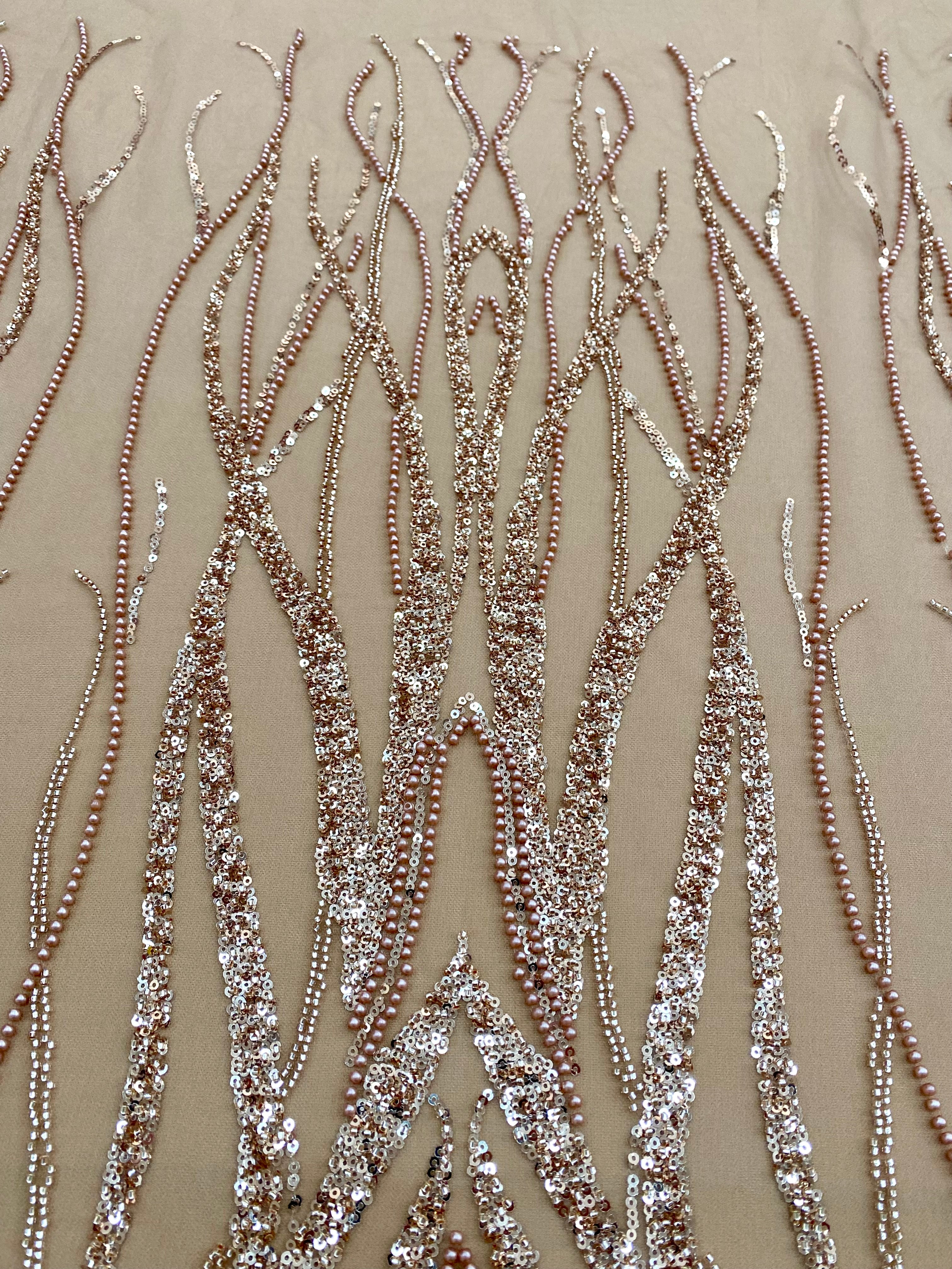 Rose Gold Couture Lace with Geometric Pattern, with Pearls, Beads and Sequins 