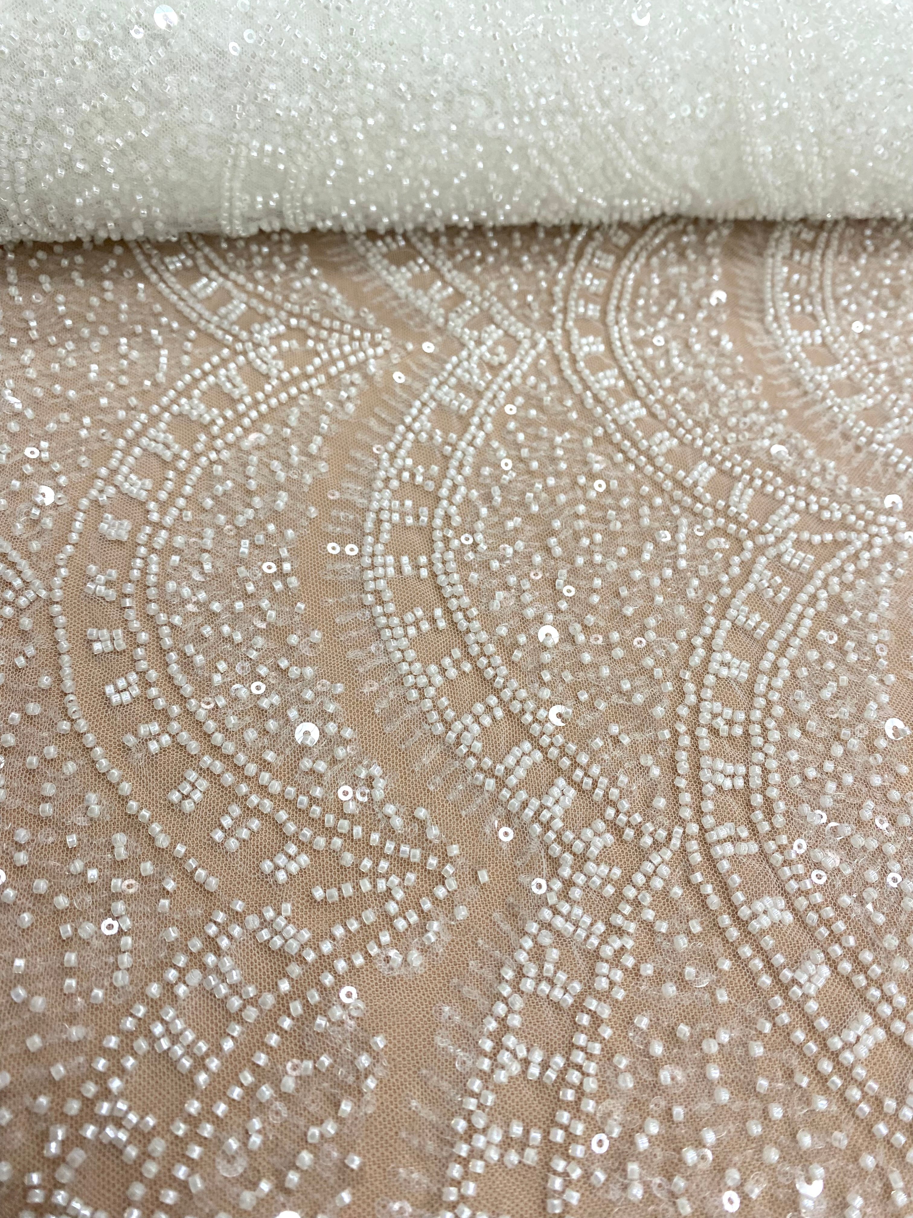 Ivory Lace with Geometric Pattern, with Beads and Sequins