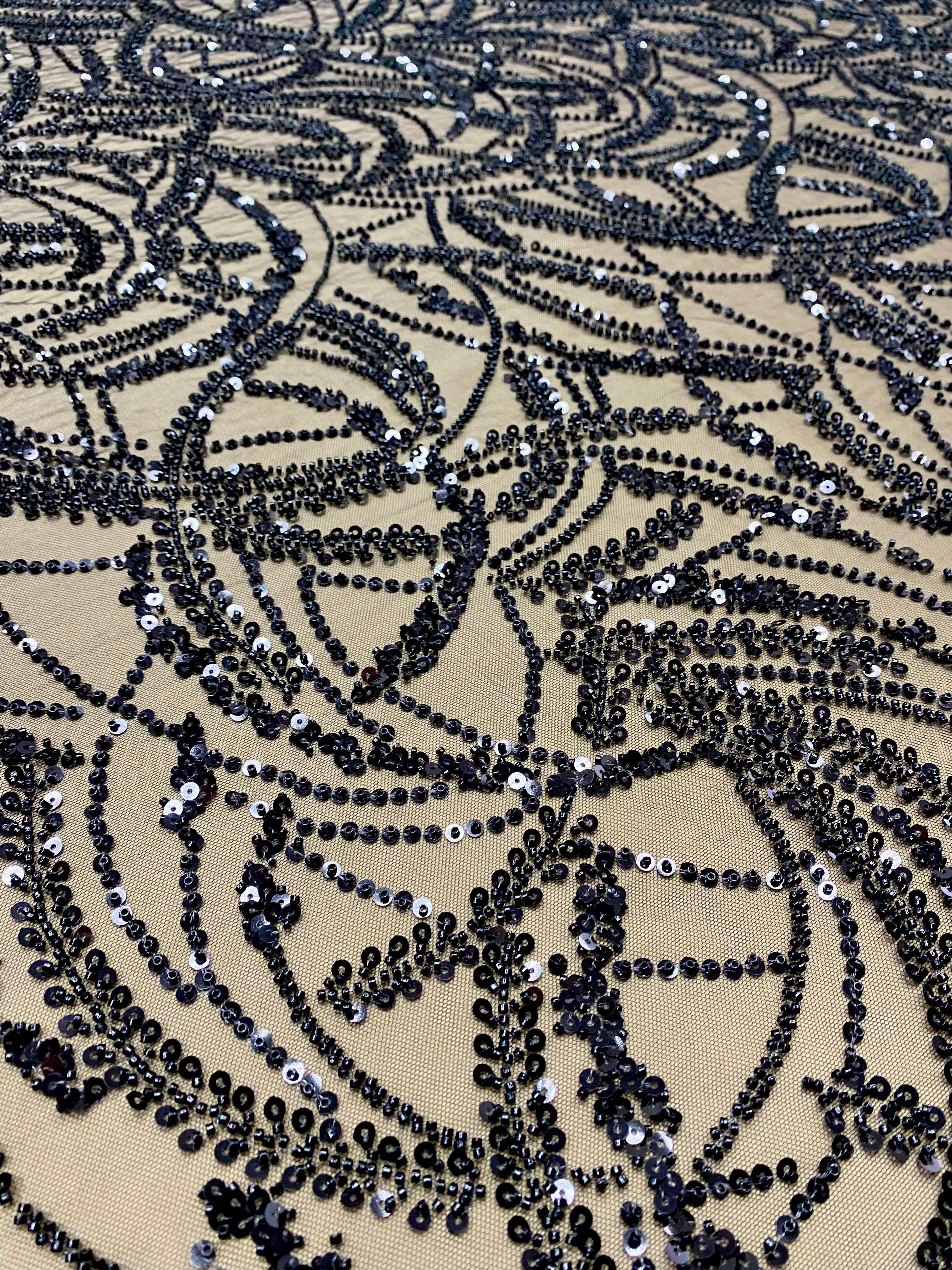 Black Couture Lace with Geometric Pattern, Beads and Sequins