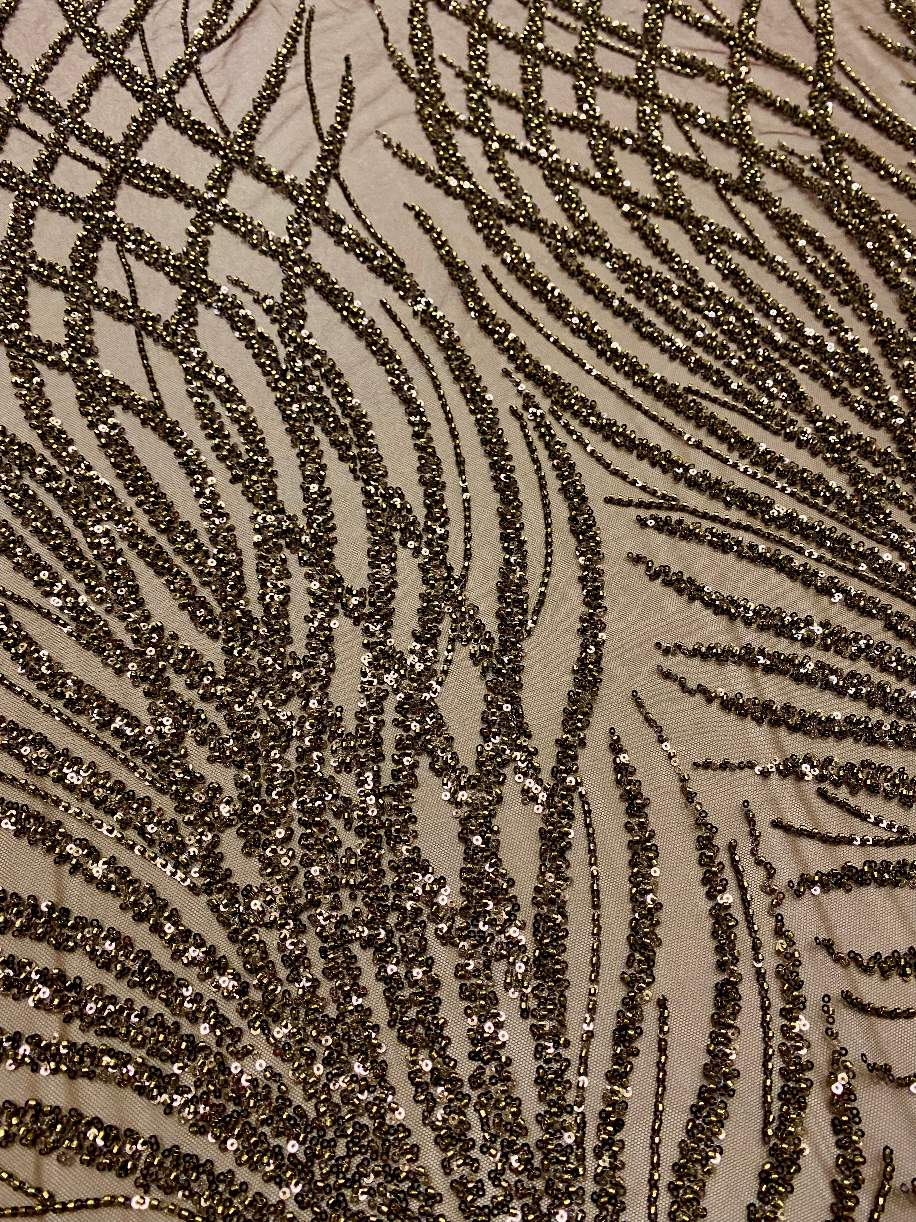 Brown Lace with Geometric Pattern, with Beads and Sequins