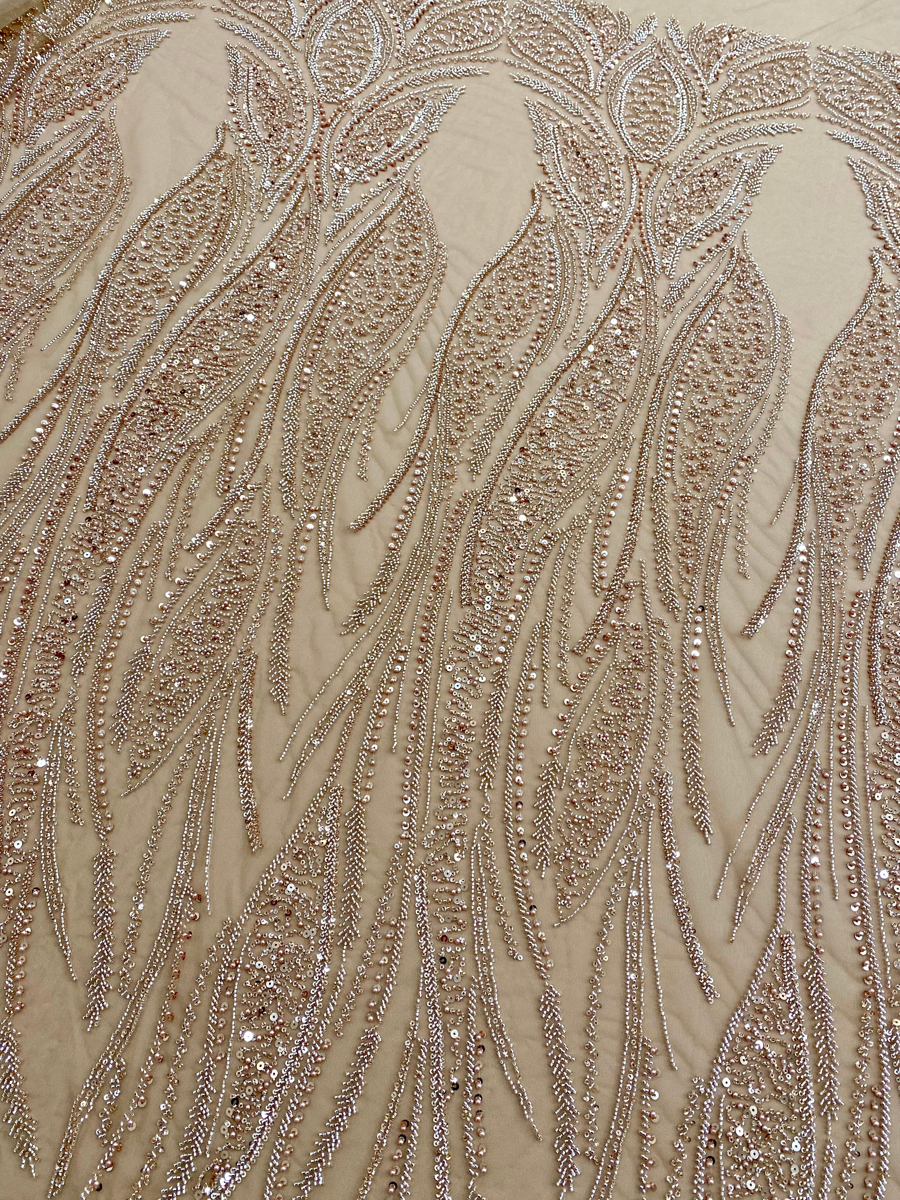 Rose Gold Couture Lace with Panel, Pearls, Beads and Sequins