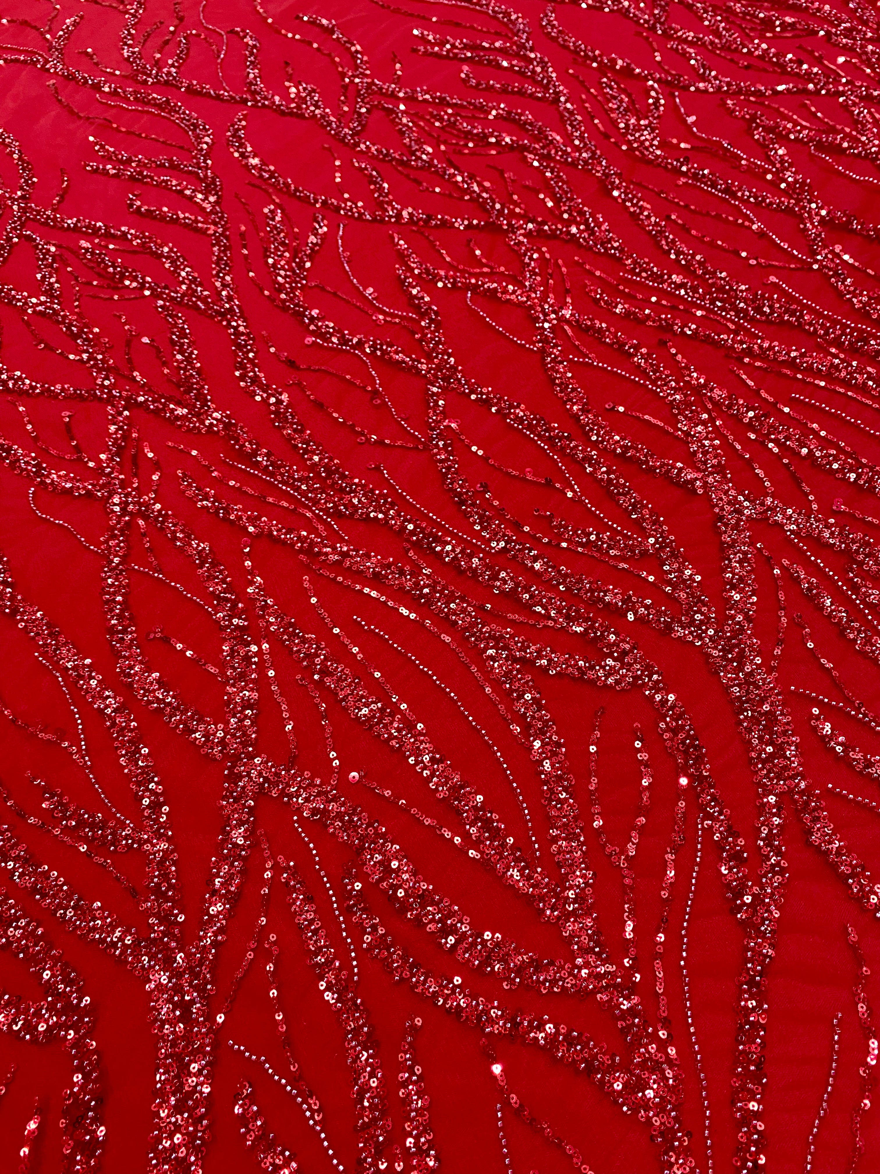 Red Couture Lace with Strings, Beads and Sequins