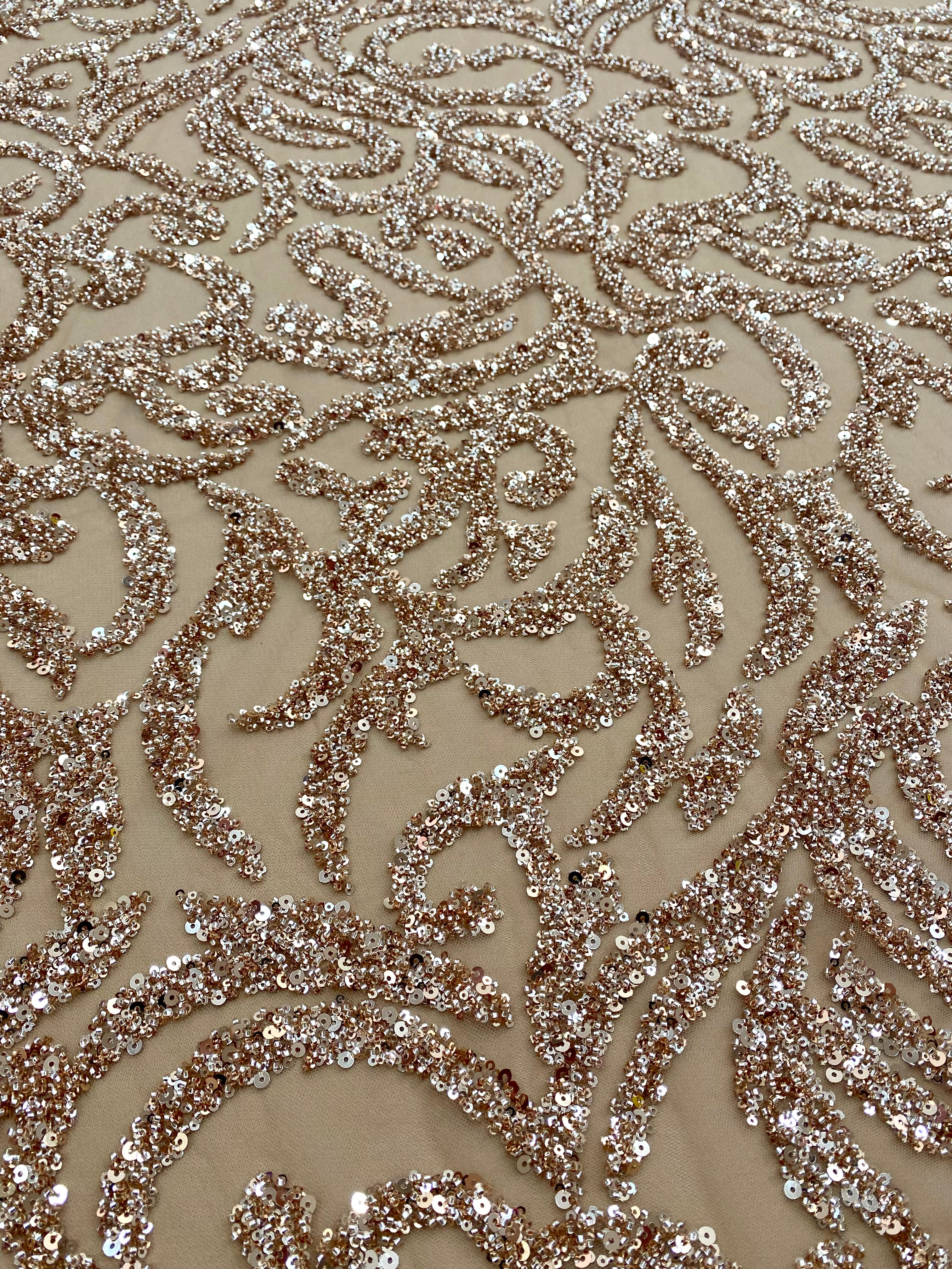 Rose Gold Couture Lace with Geometric Pattern, Beads and Sequins 