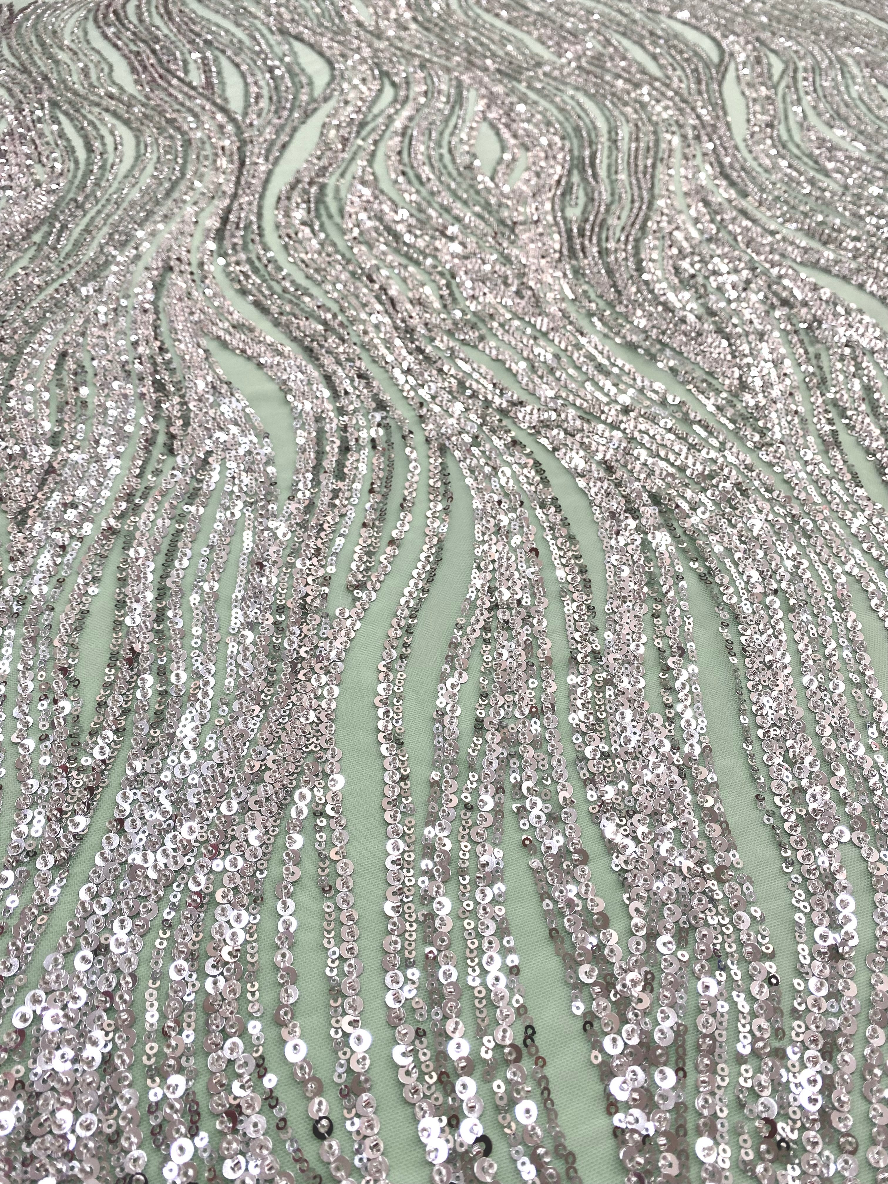 Silver Couture Lace on Mint Green Tulle with Linear Pattern, Beads and Sequins