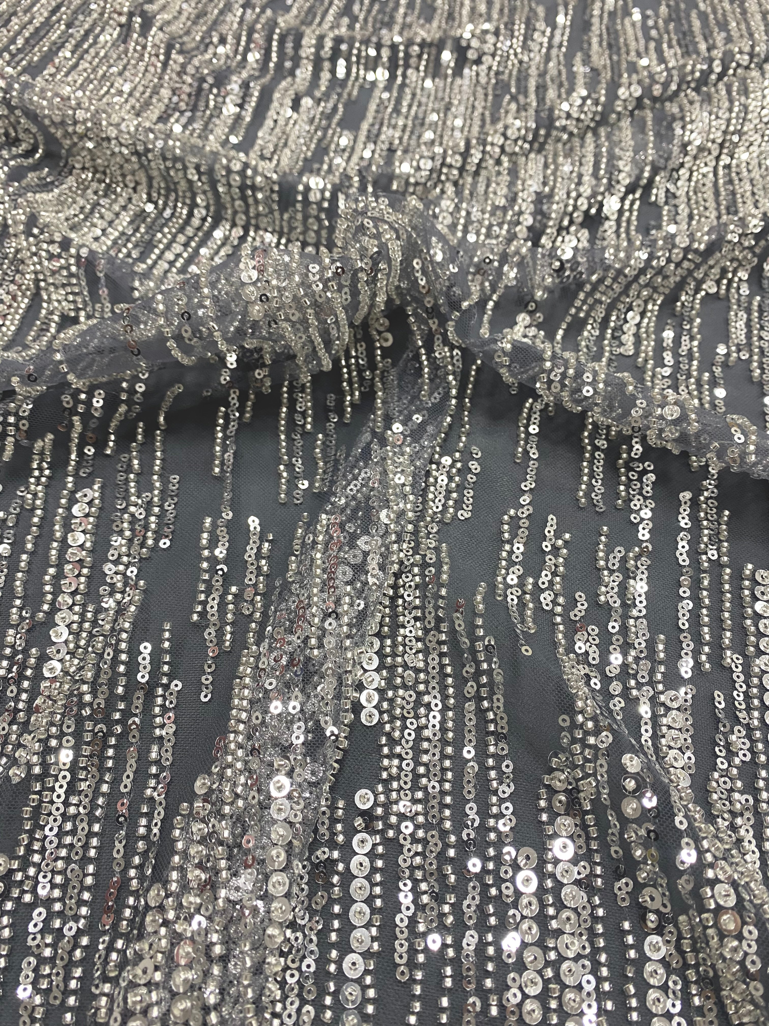 Silver Couture Lace on Anthracite Grey Tulle with Linear Pattern, Beads and Sequins