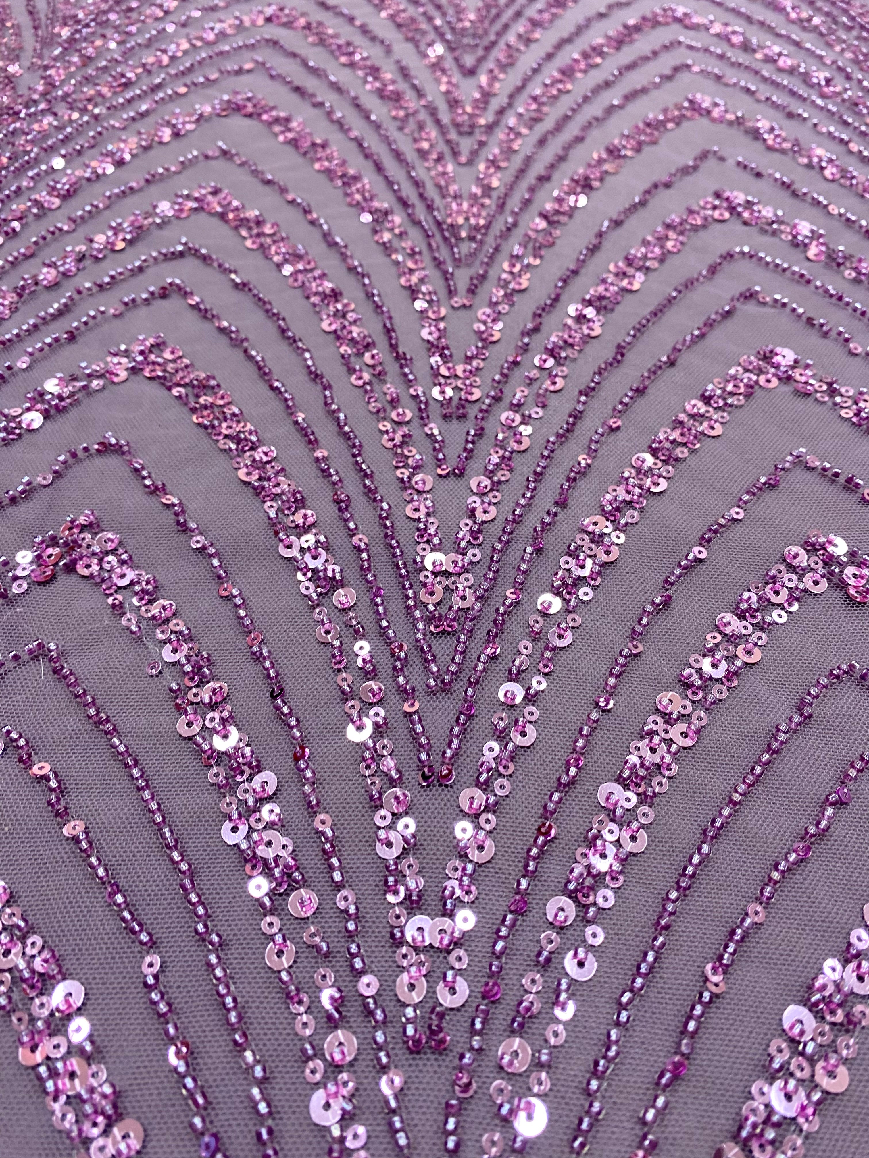 Dantela Couture Lavanda Pudrata cu Model Geometric cu Margele si Paiete