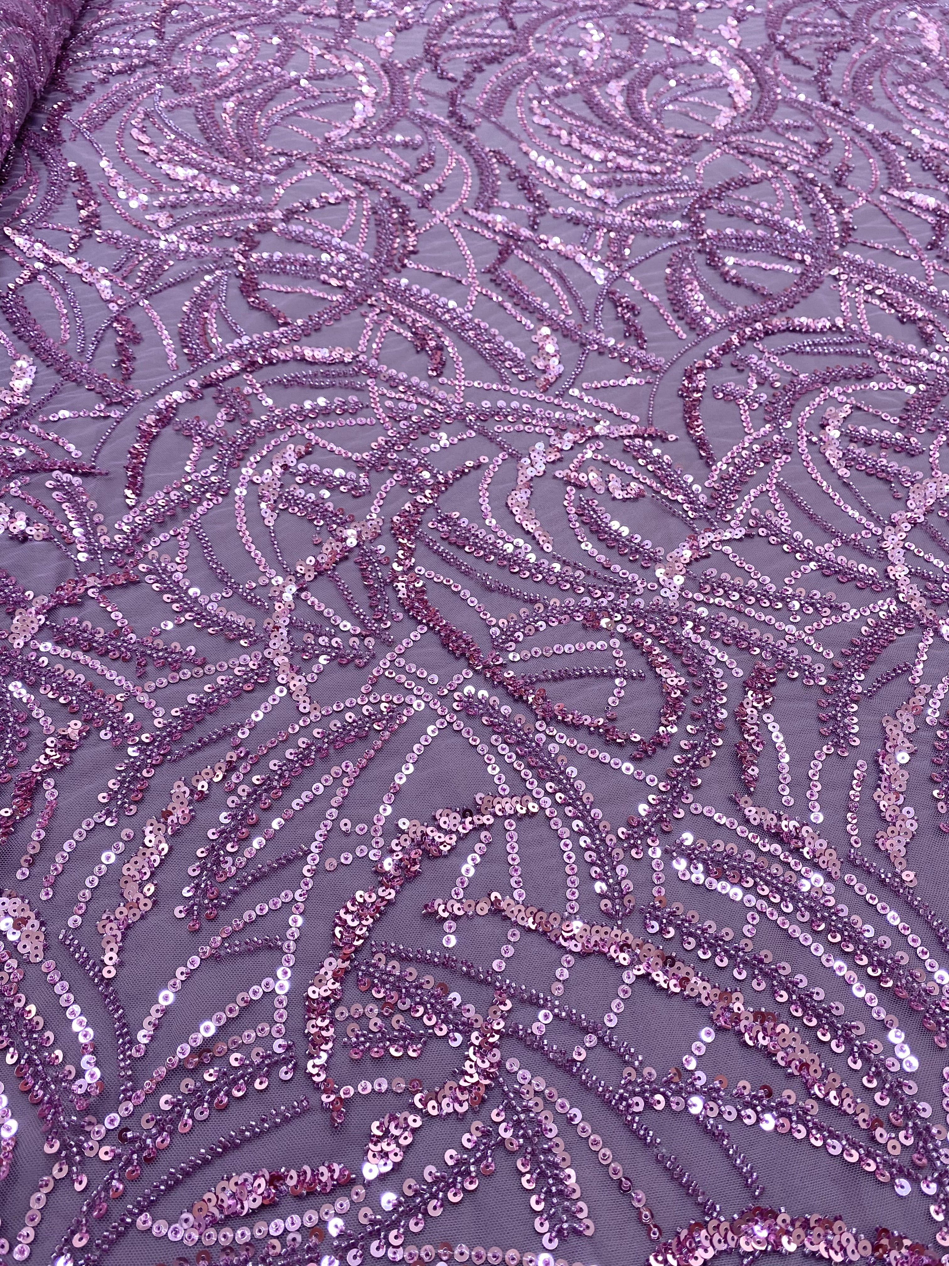 Dantela Couture Lavanda Pudrata cu Model Geometric, Margele si Paiete