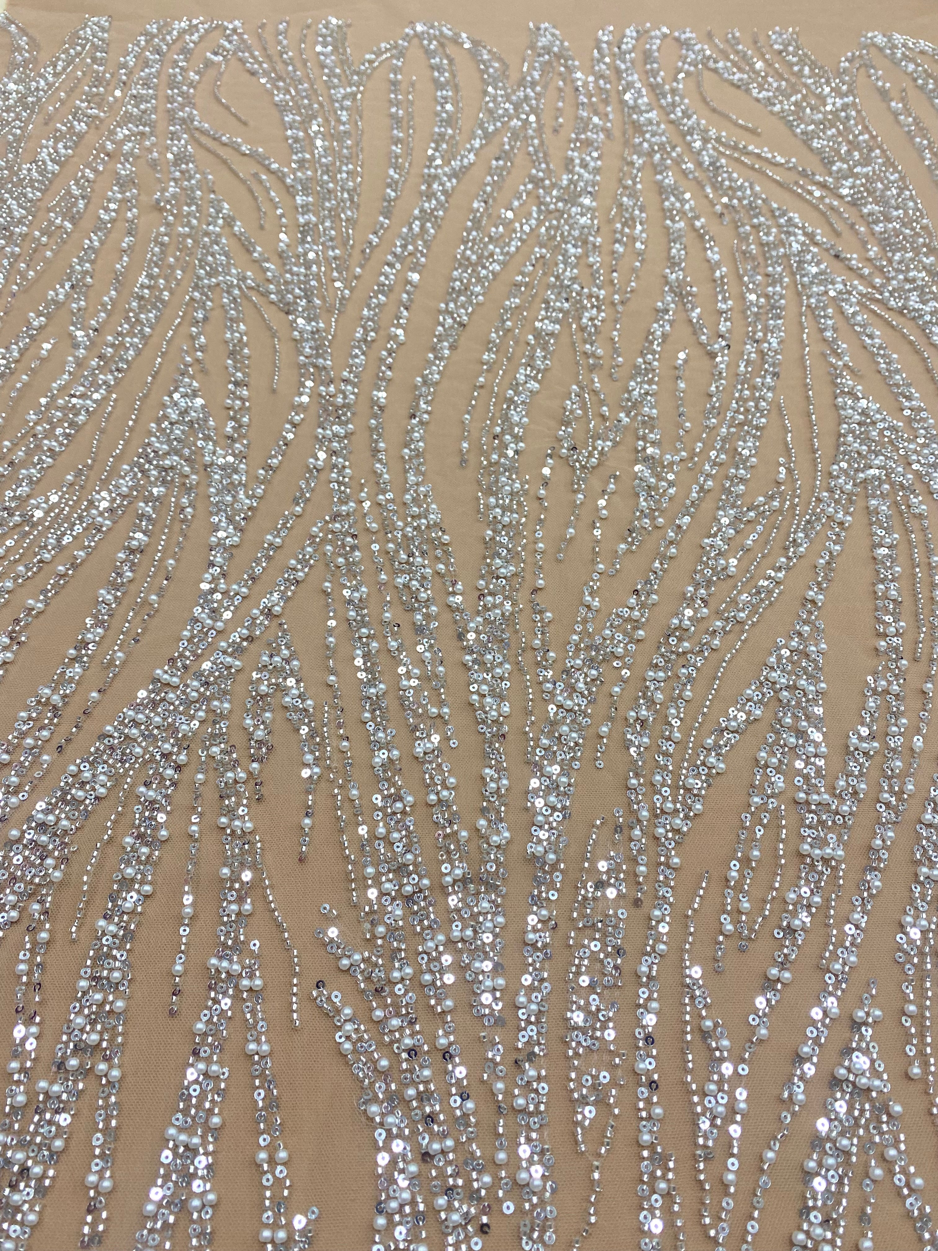 Silver Couture Lace on Nude Tulle with Geometric Pattern, with Pearls, Beads and Sequins