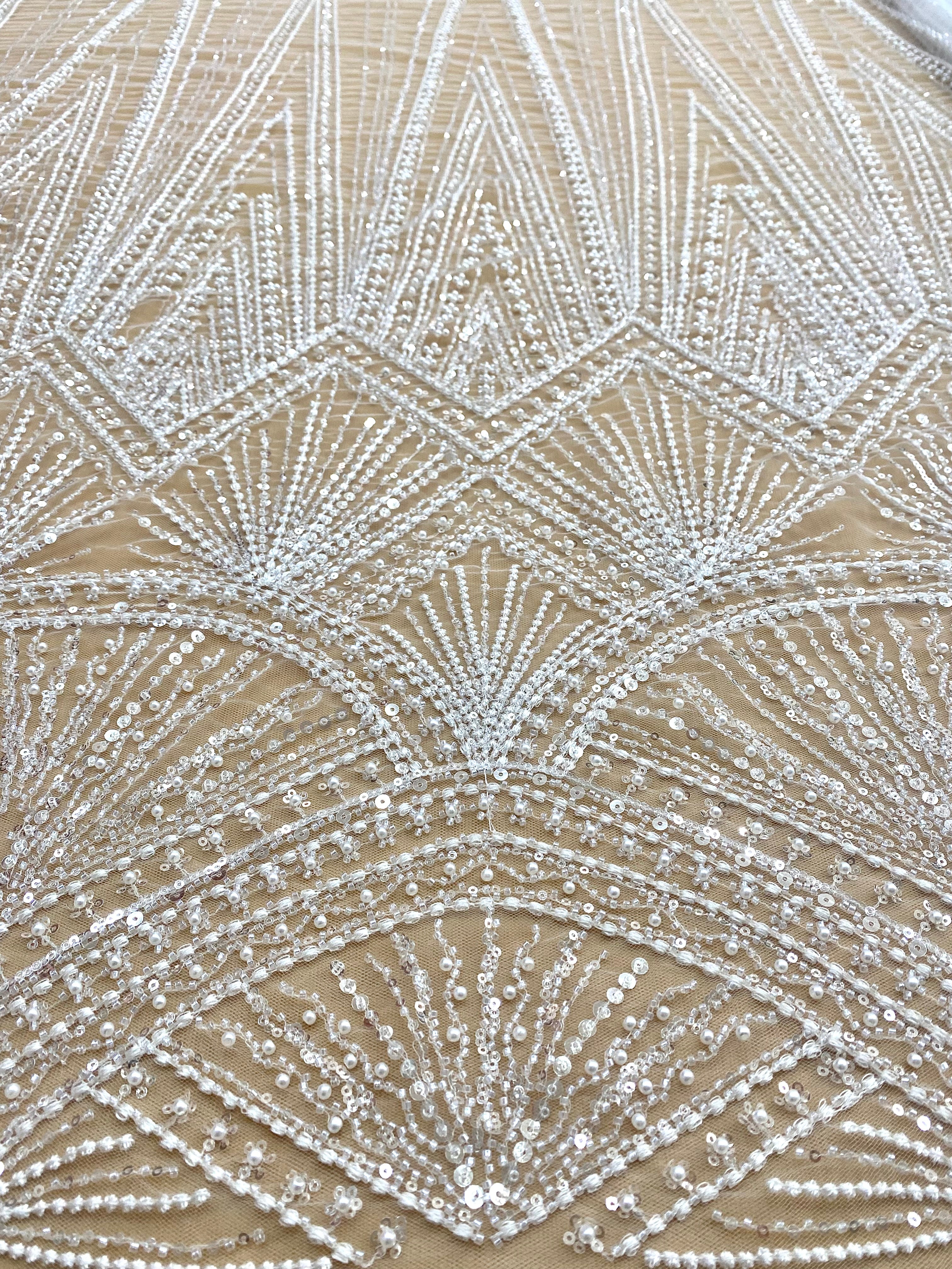Silver Lace with Linear Pattern, with Pearls and Sequins