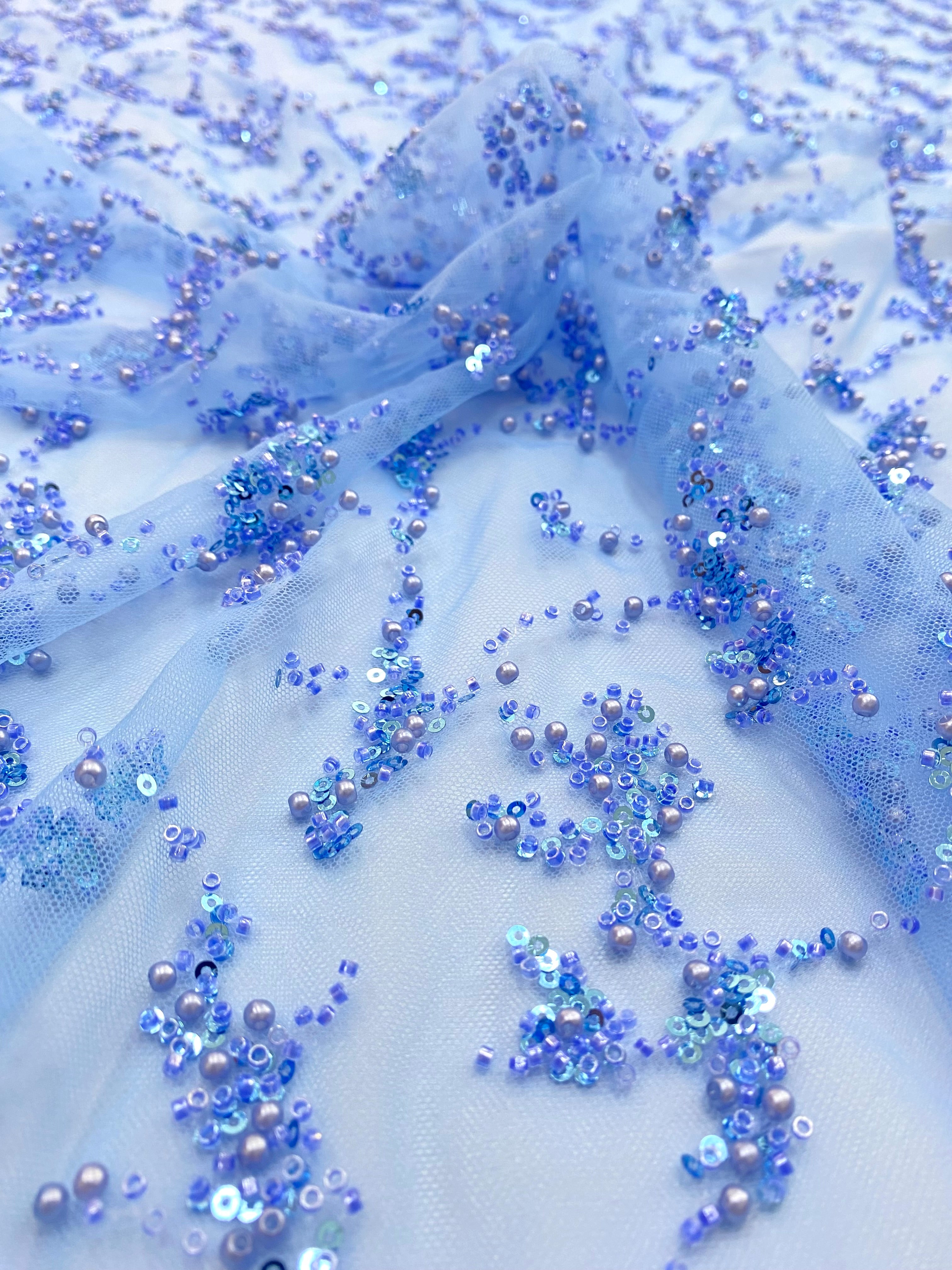 Silver Lace with Nude Tulle with Linear Pattern, Beads and Sequins