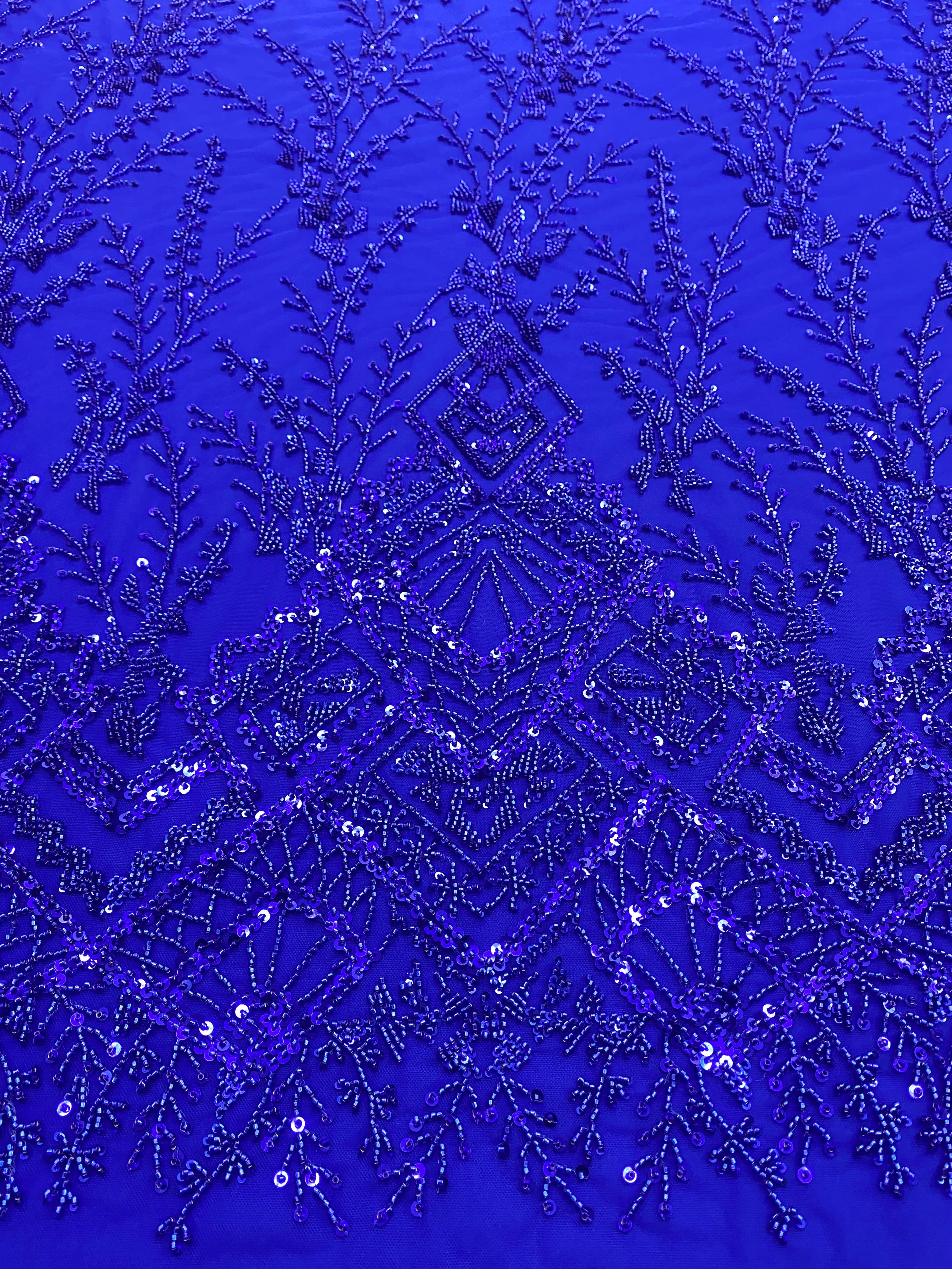 Dantela Couture Albastru Royal cu Model Geometric, cu Margele si Paiete
