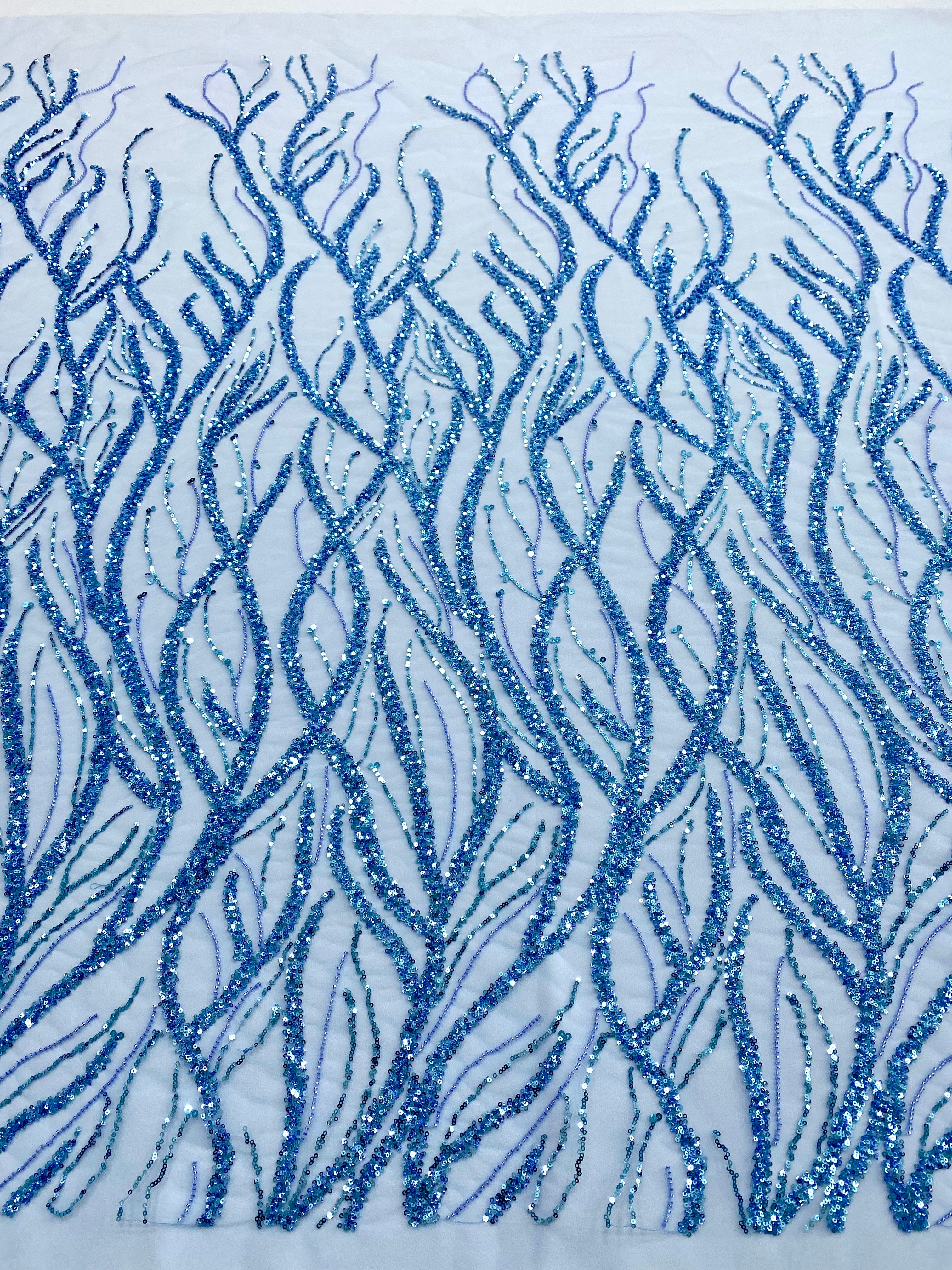 Dantela Couture Sky Blue cu Siraguri, cu Margele si Paiete