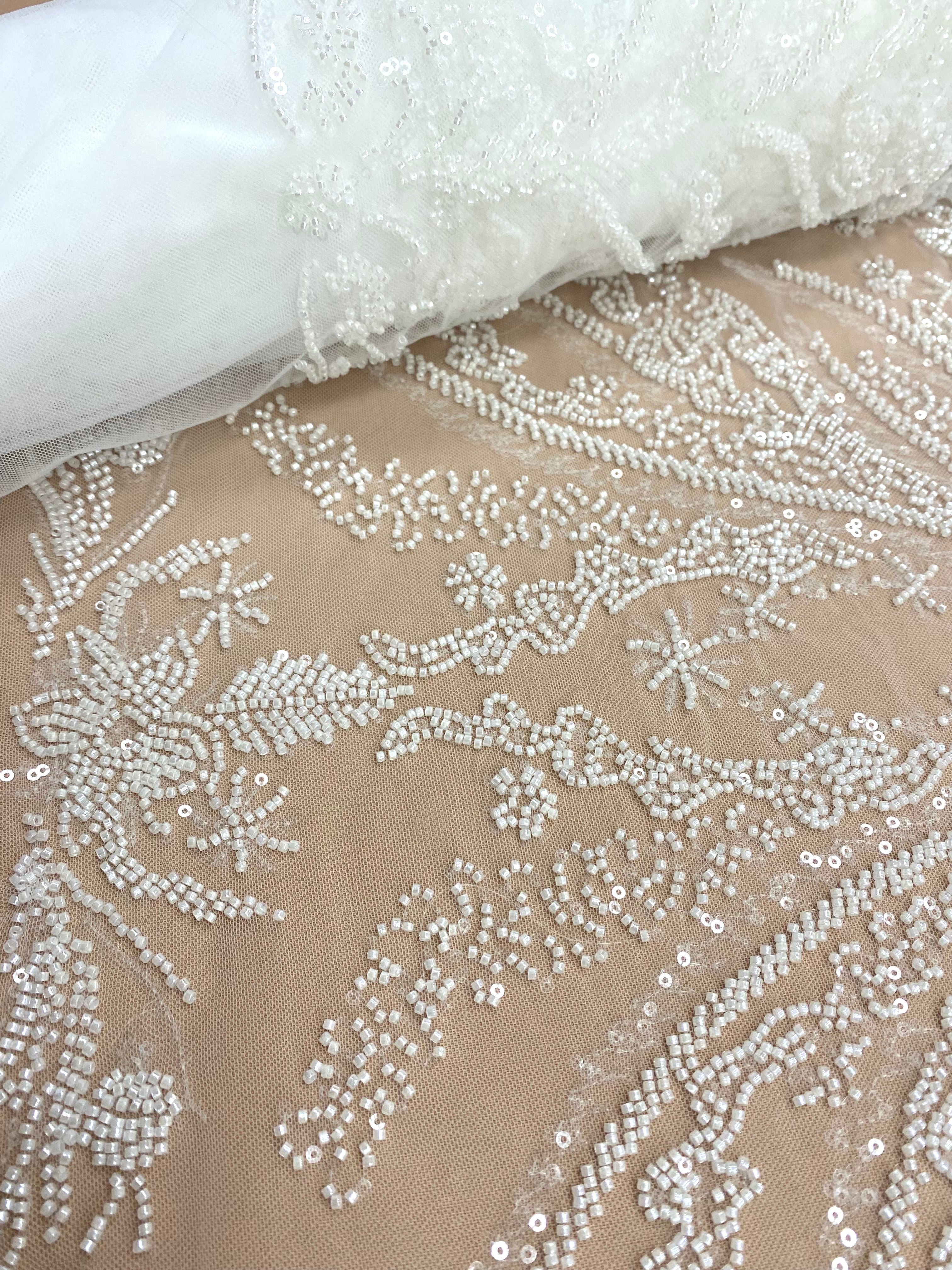 Ivory Couture Lace with Floral Pattern, Beads and Sequins