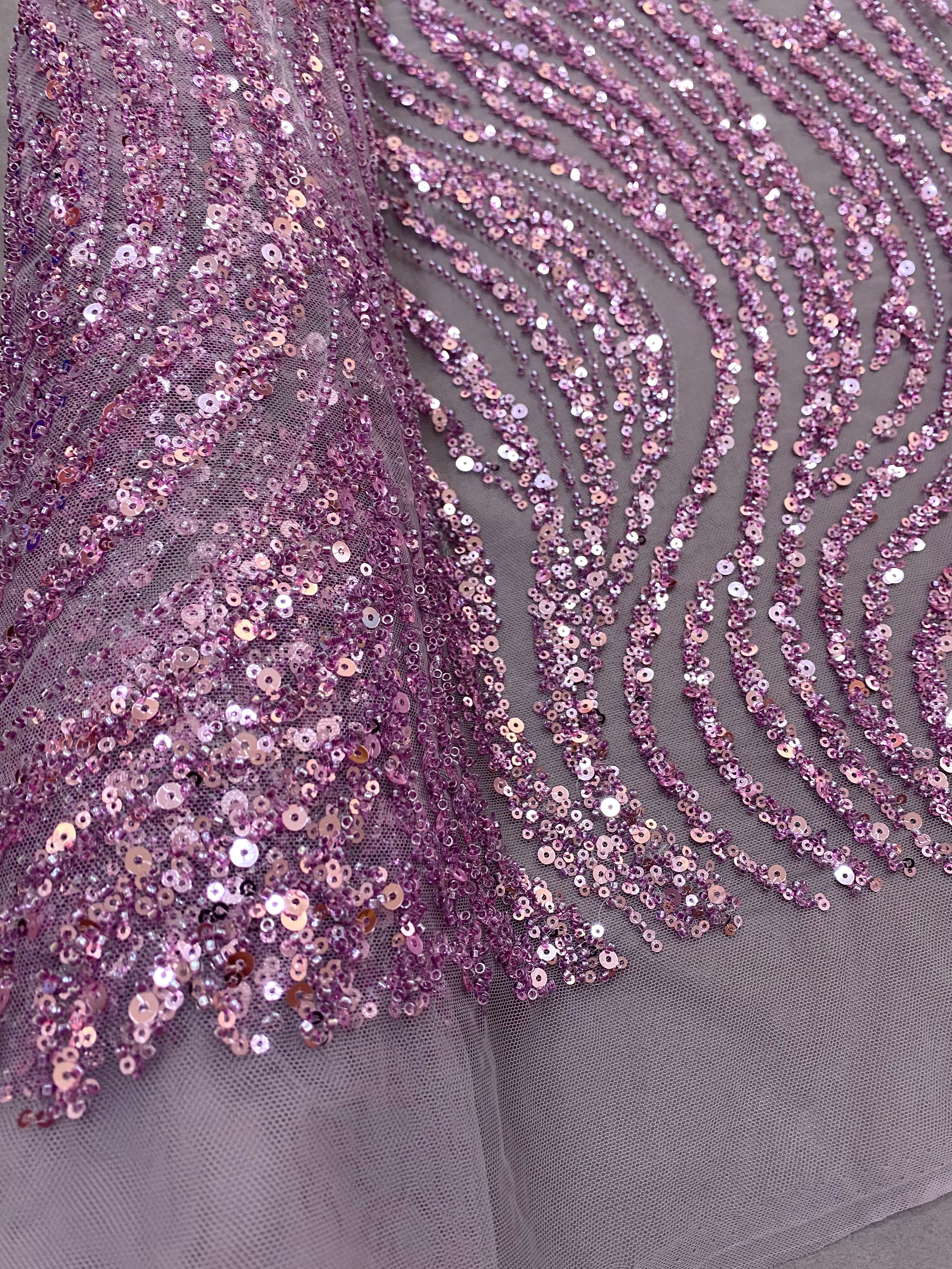 Powder Couture Lace with Linear Pattern, with Beads and Sequins