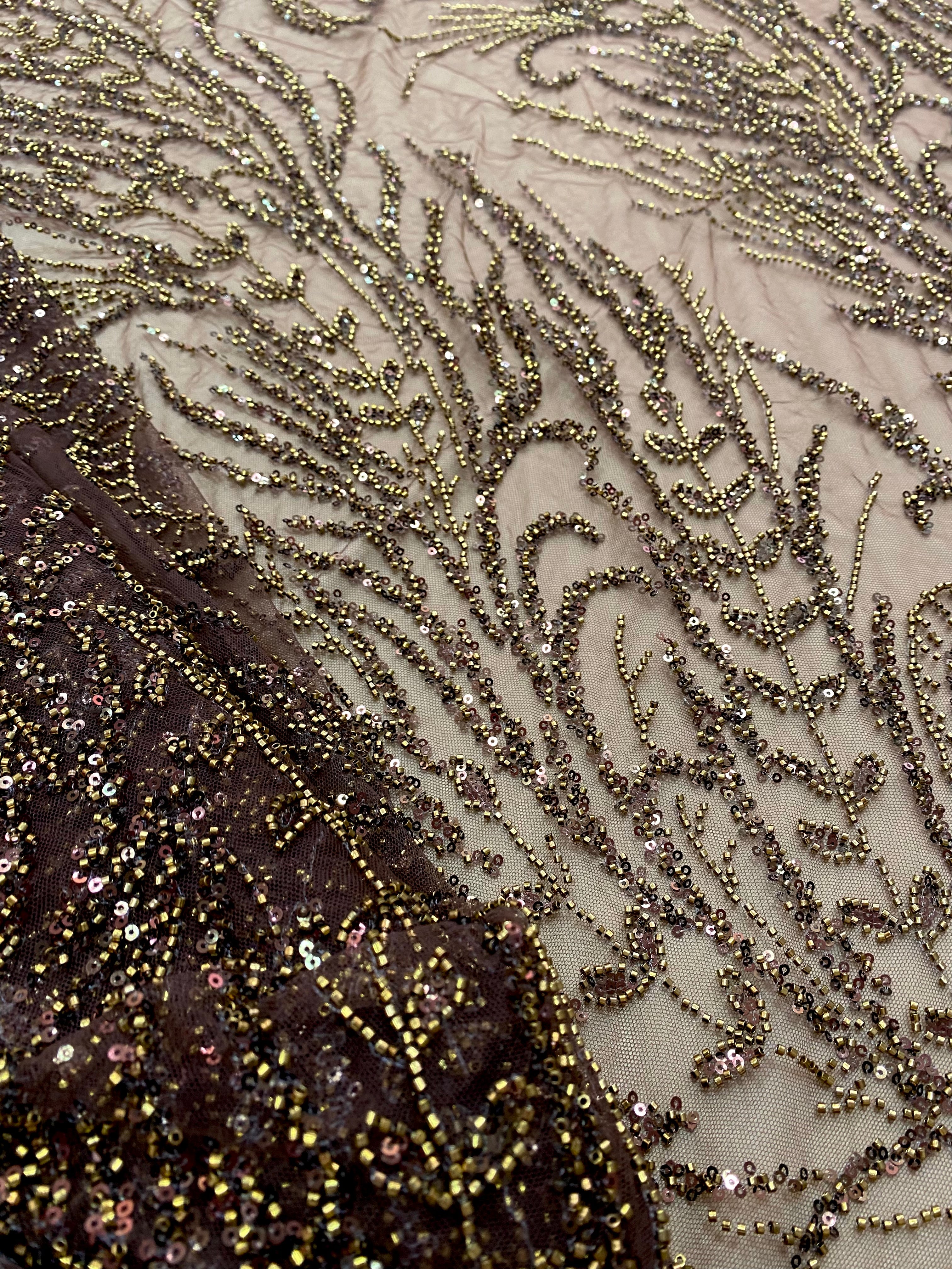 Antique Gold Couture Lace with Floral Pattern, Beads and Sequins 