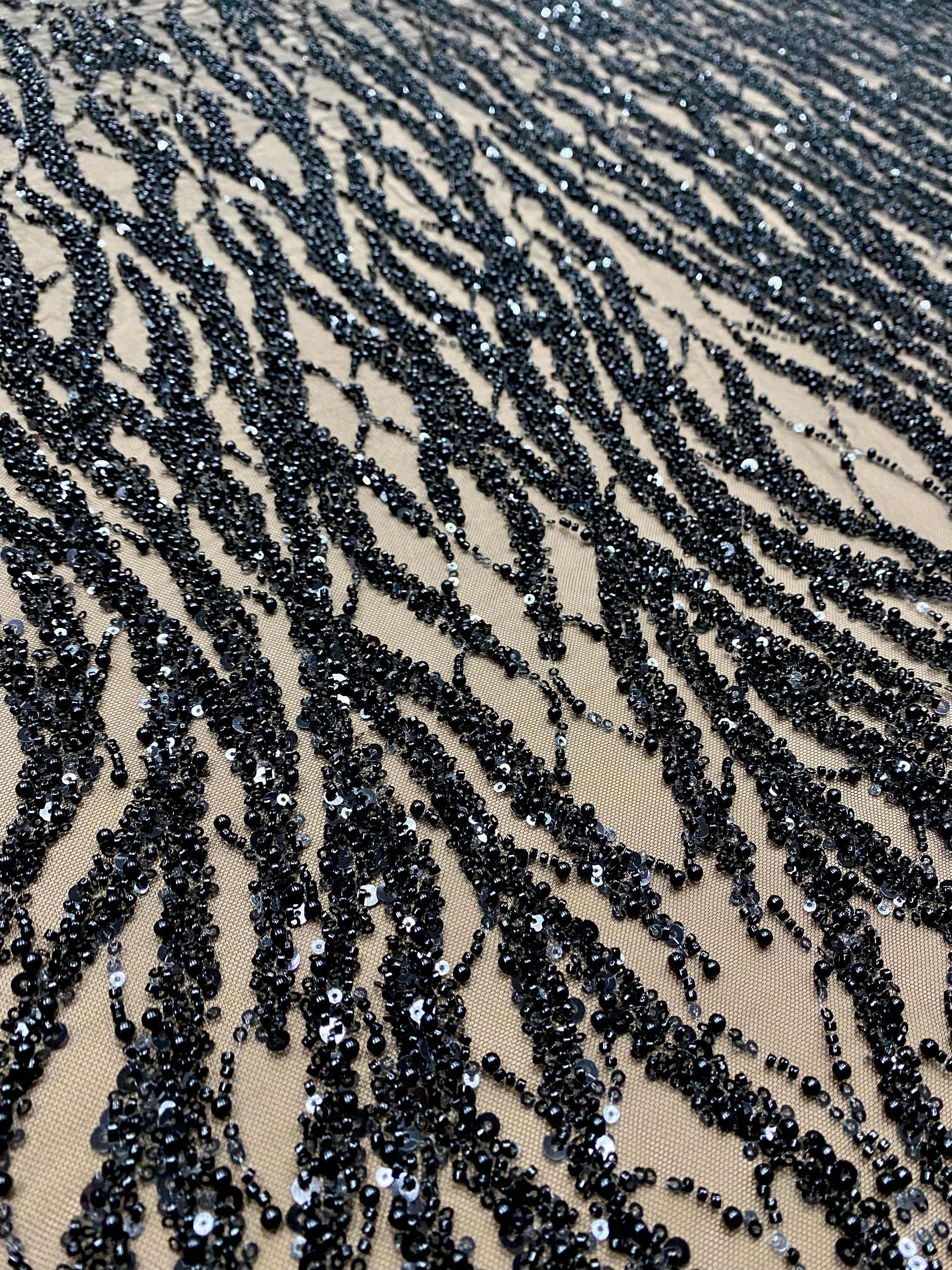 Black Couture Lace with Strings, Pearls, Beads and Sequins