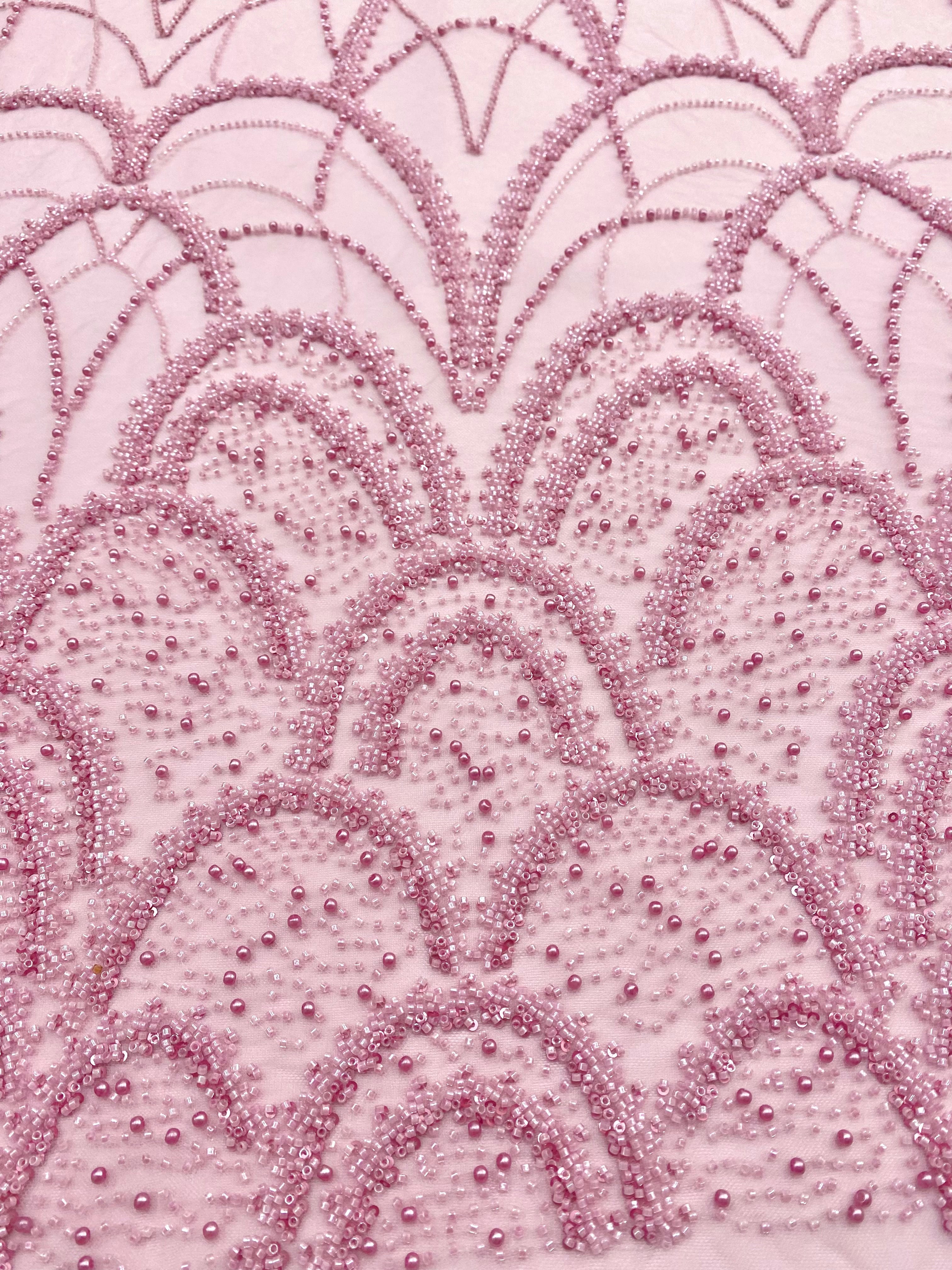 Pink Couture Lace with Geometric Pattern, with Pearls, Beads and Sequins