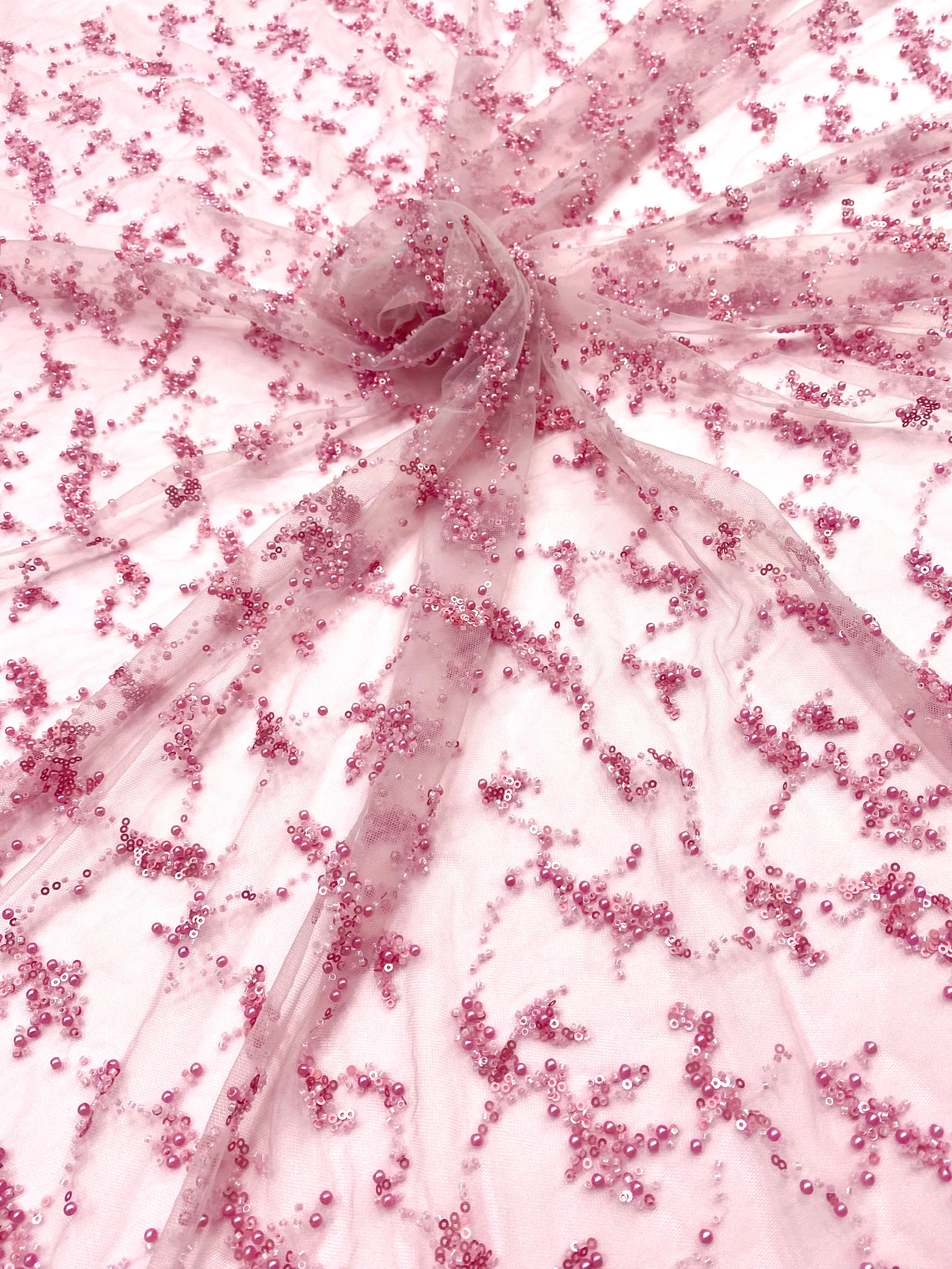 Pink Couture Lace with Pearls, Beads and Sequins