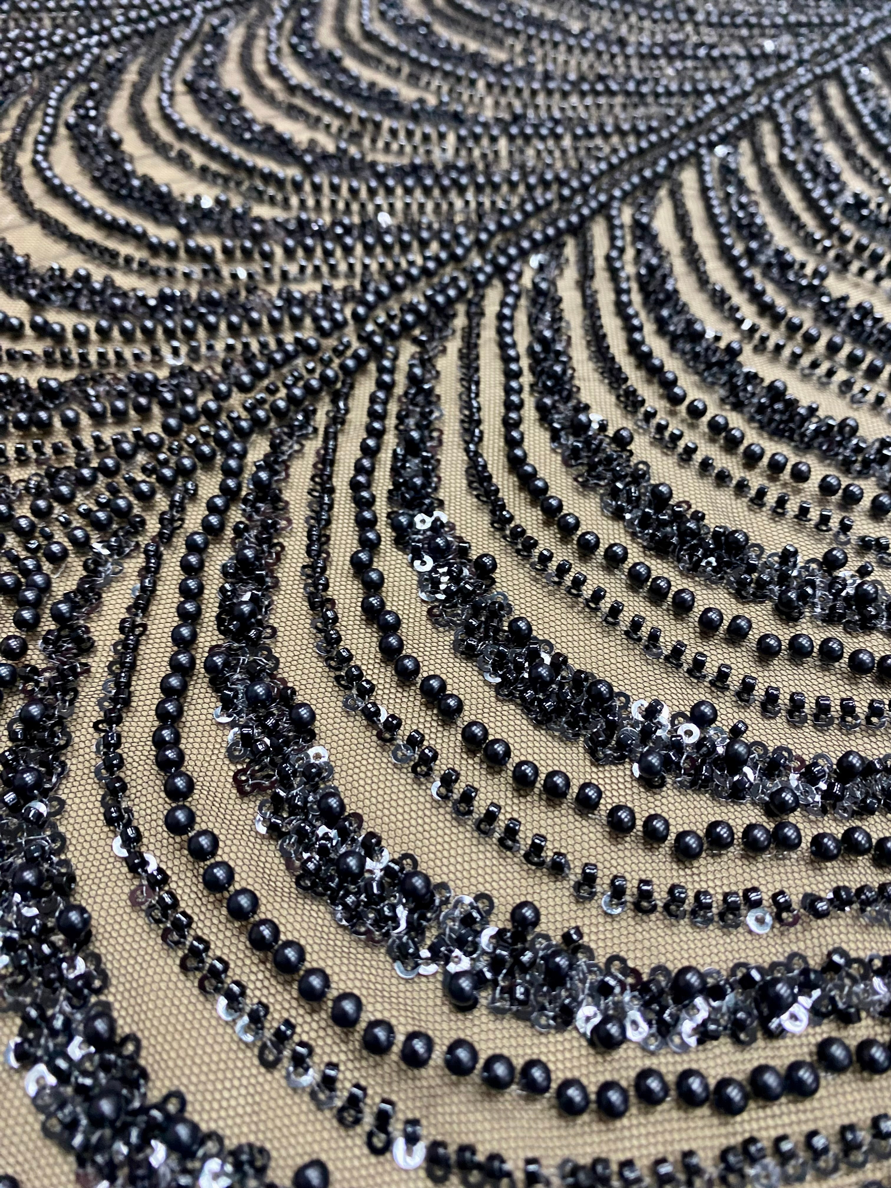 Black Couture Lace with Geometric Pattern, with Pearls, Beads and Sequins