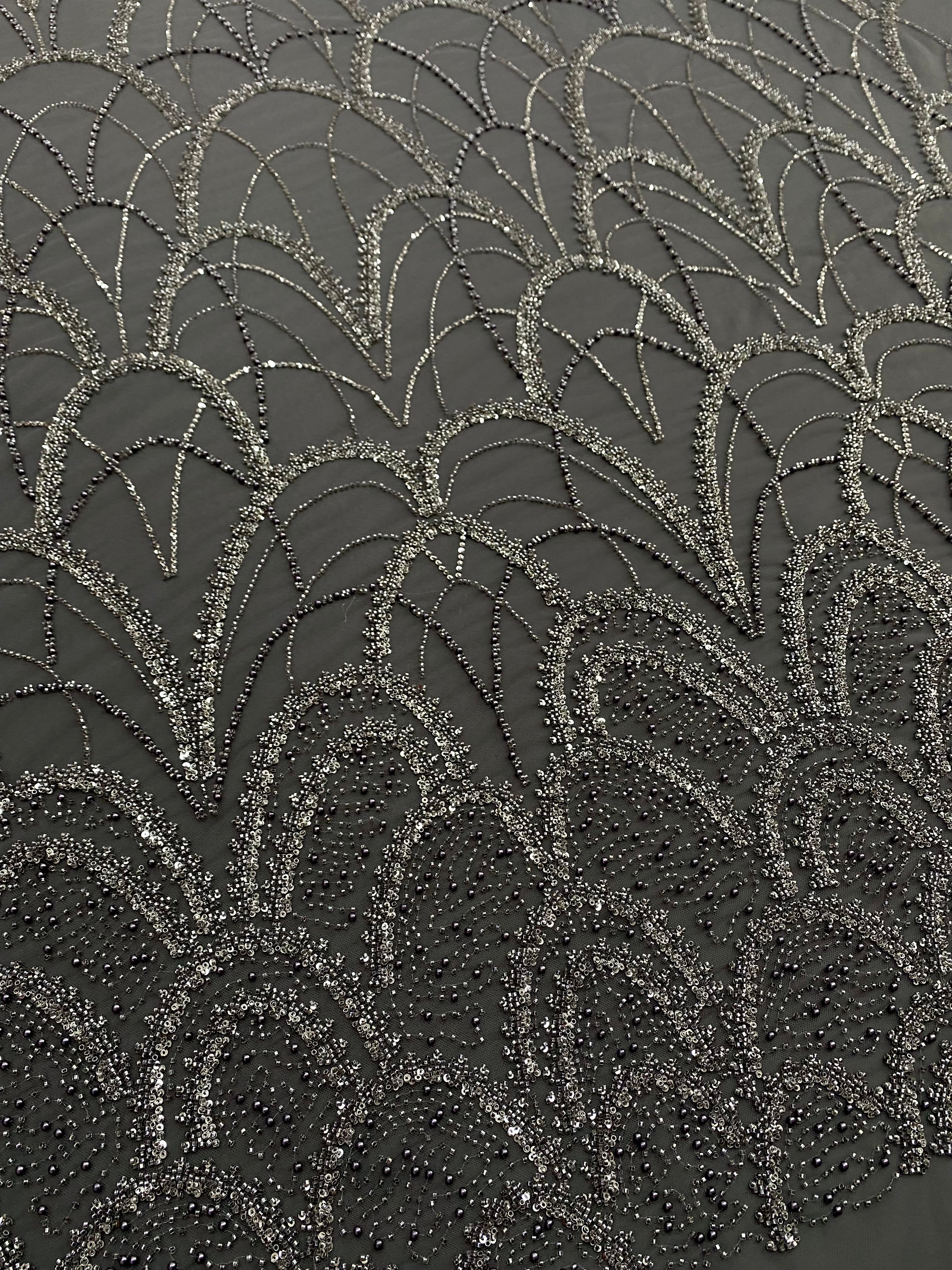 Cupon 1.70 m din Dantela Couture Gri Antracit cu Model Geometric, cu Perle, Margele si Paiete
