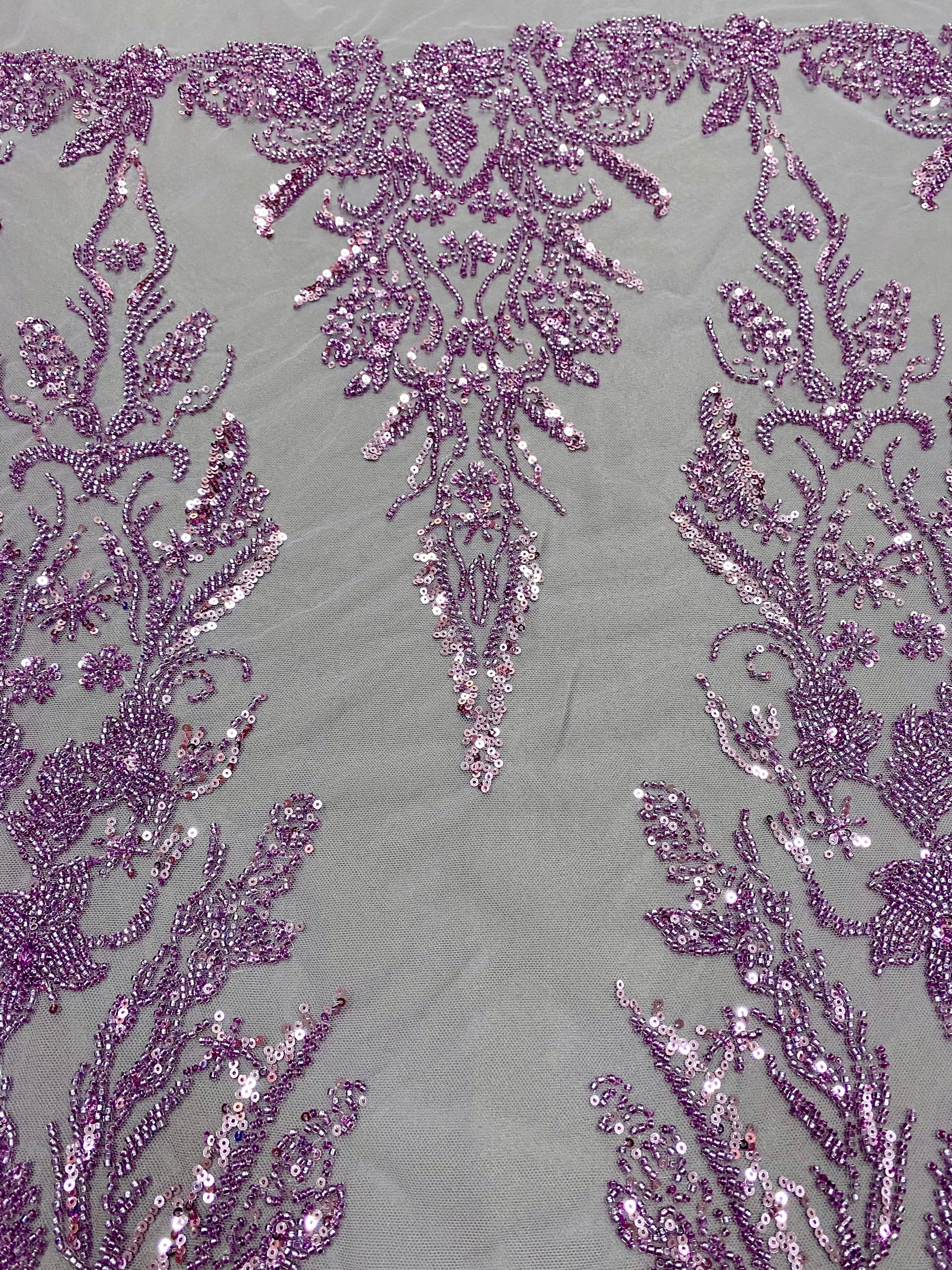 Dantela Couture Lavanda Pudrata cu Model Floral, cu Margele si Paiete