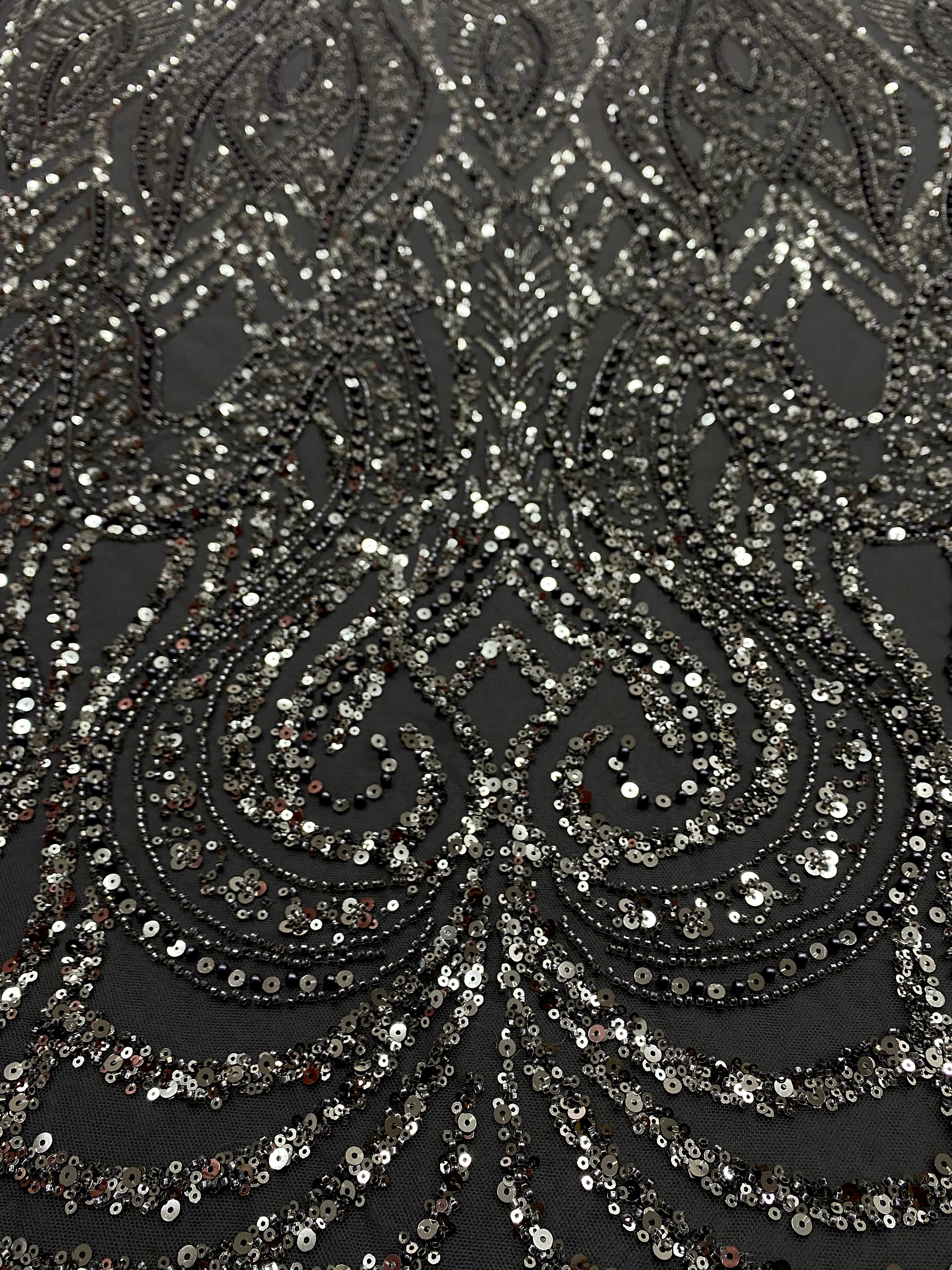 Dantela Couture Gri Antracit cu Model Geometric, cu Perle, Margele si Paiete