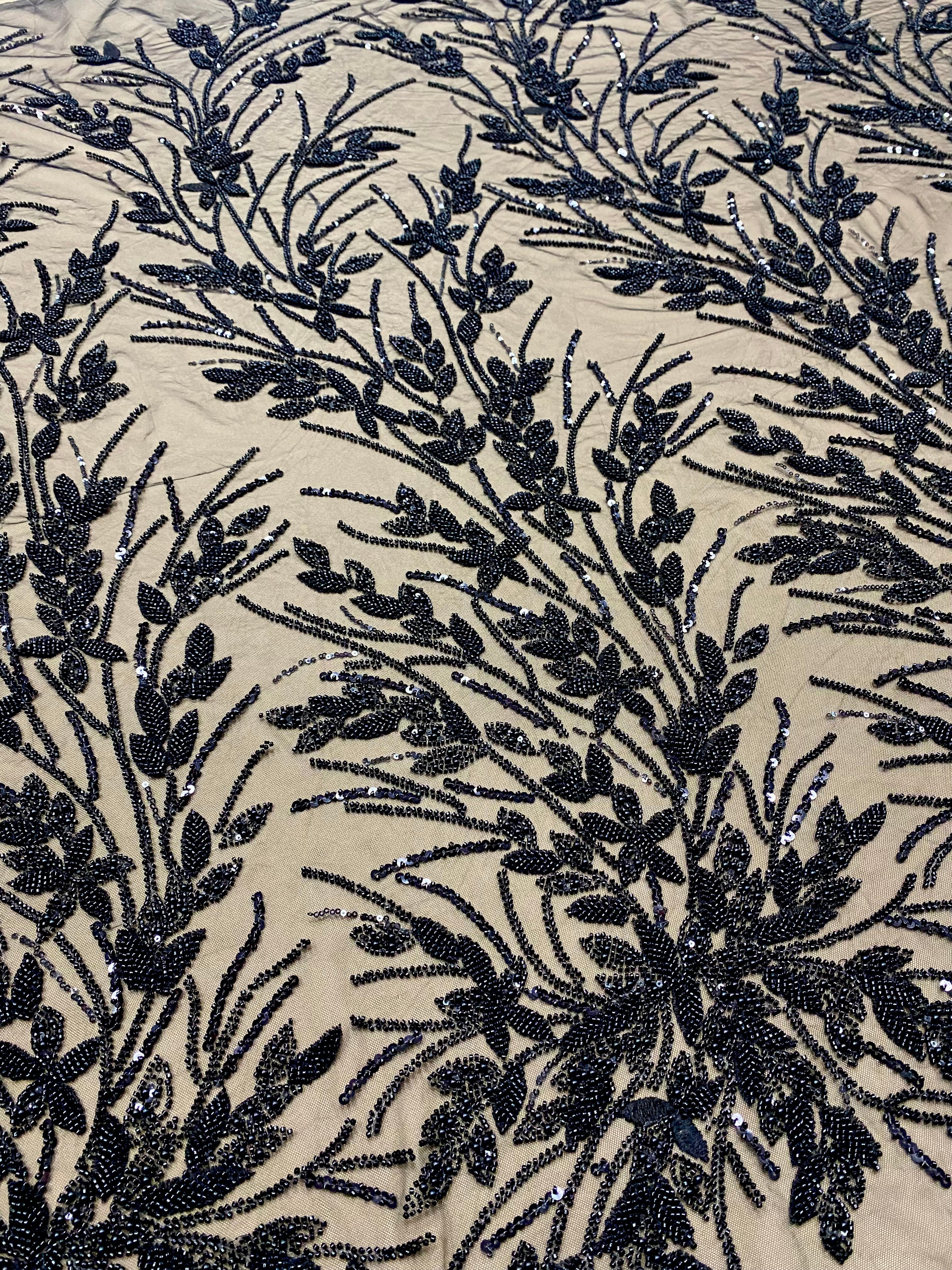Dantela Couture Neagra cu Model Floral, Perle, Margele si Paiete