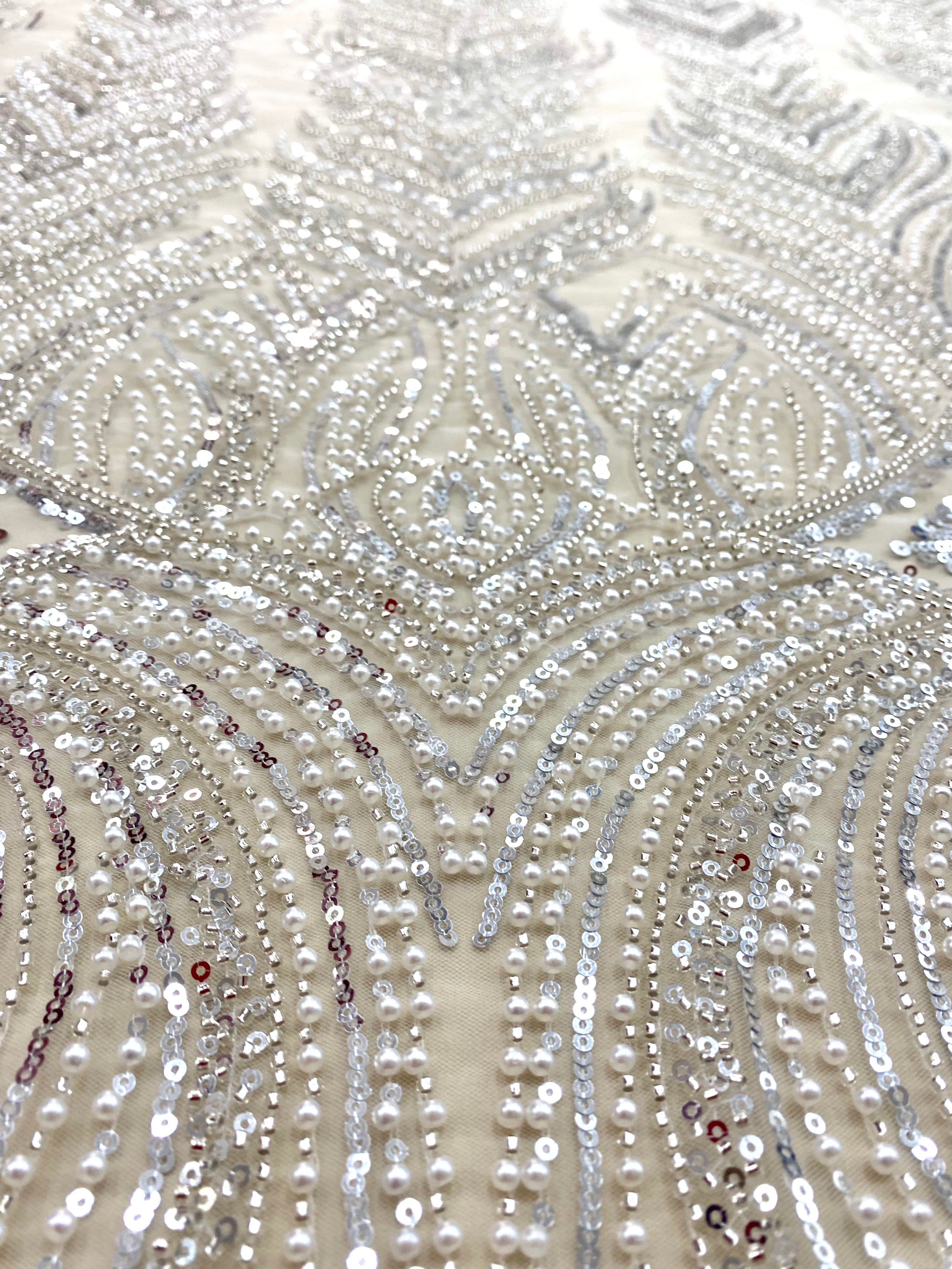Silver Lace with Geometric Pattern, with Beads and Sequins