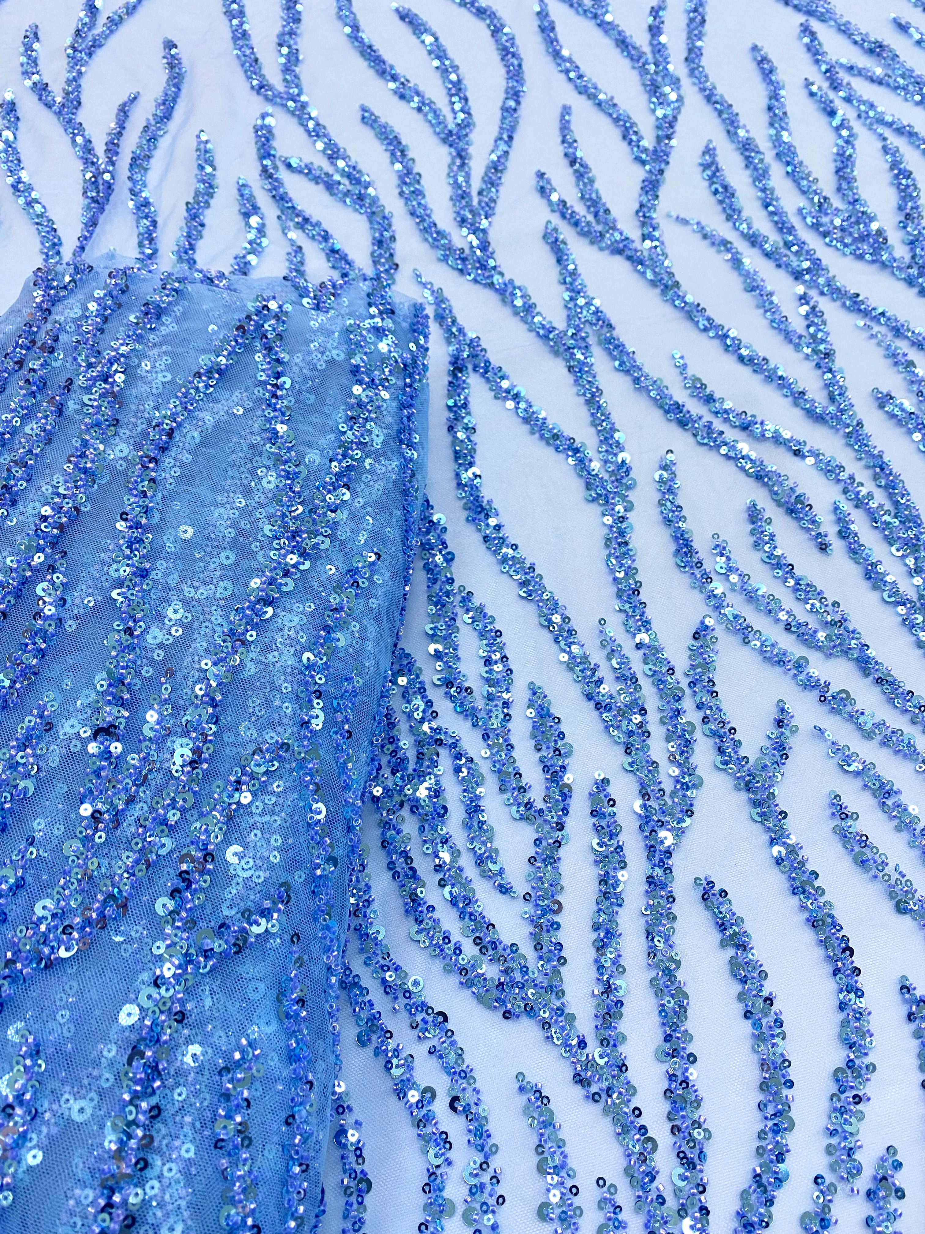 Silver Lace with Nude Tulle with Linear Pattern, Beads and Sequins