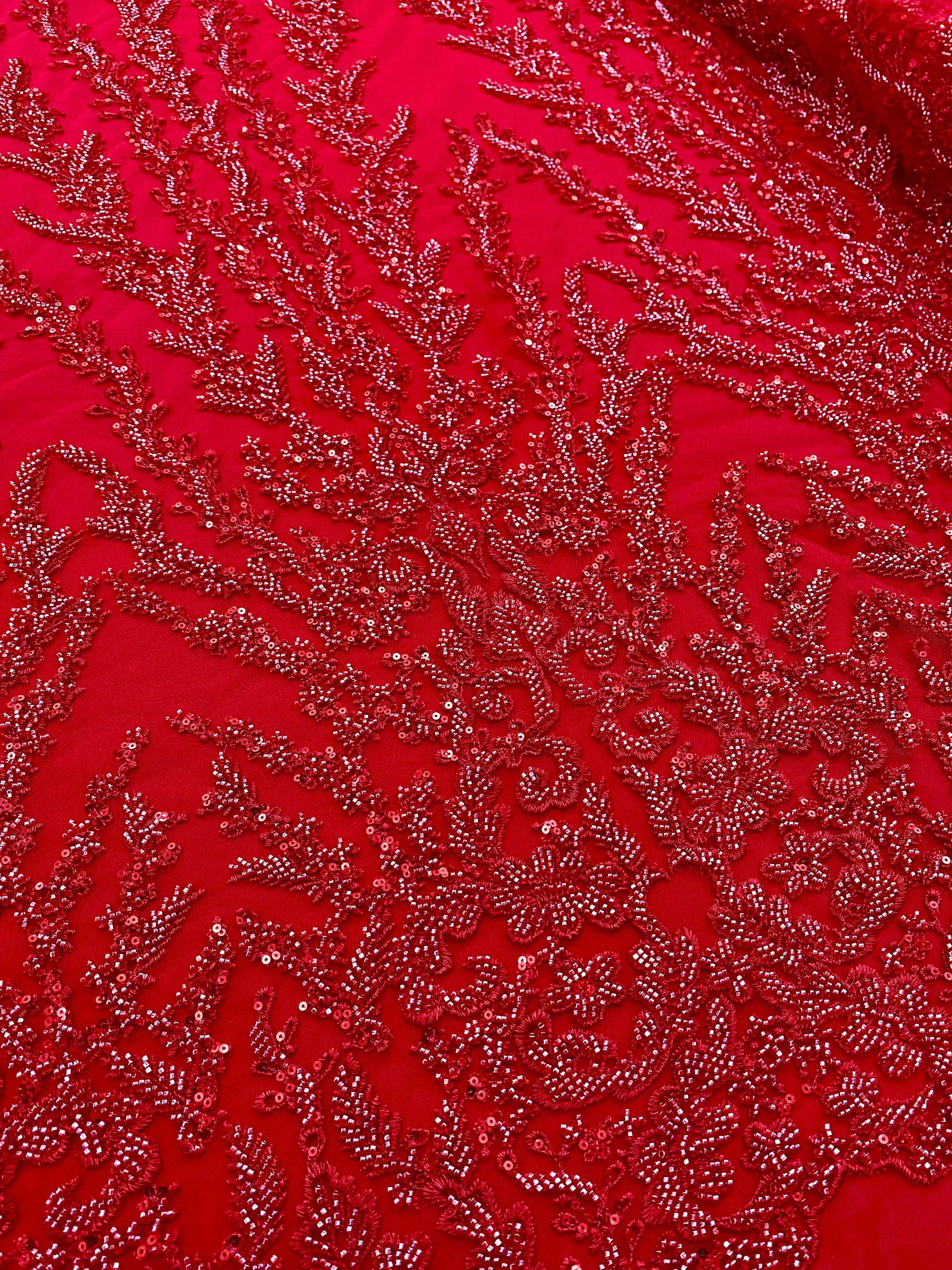 Red Couture Lace with Geometric Pattern, Beads and Sequins