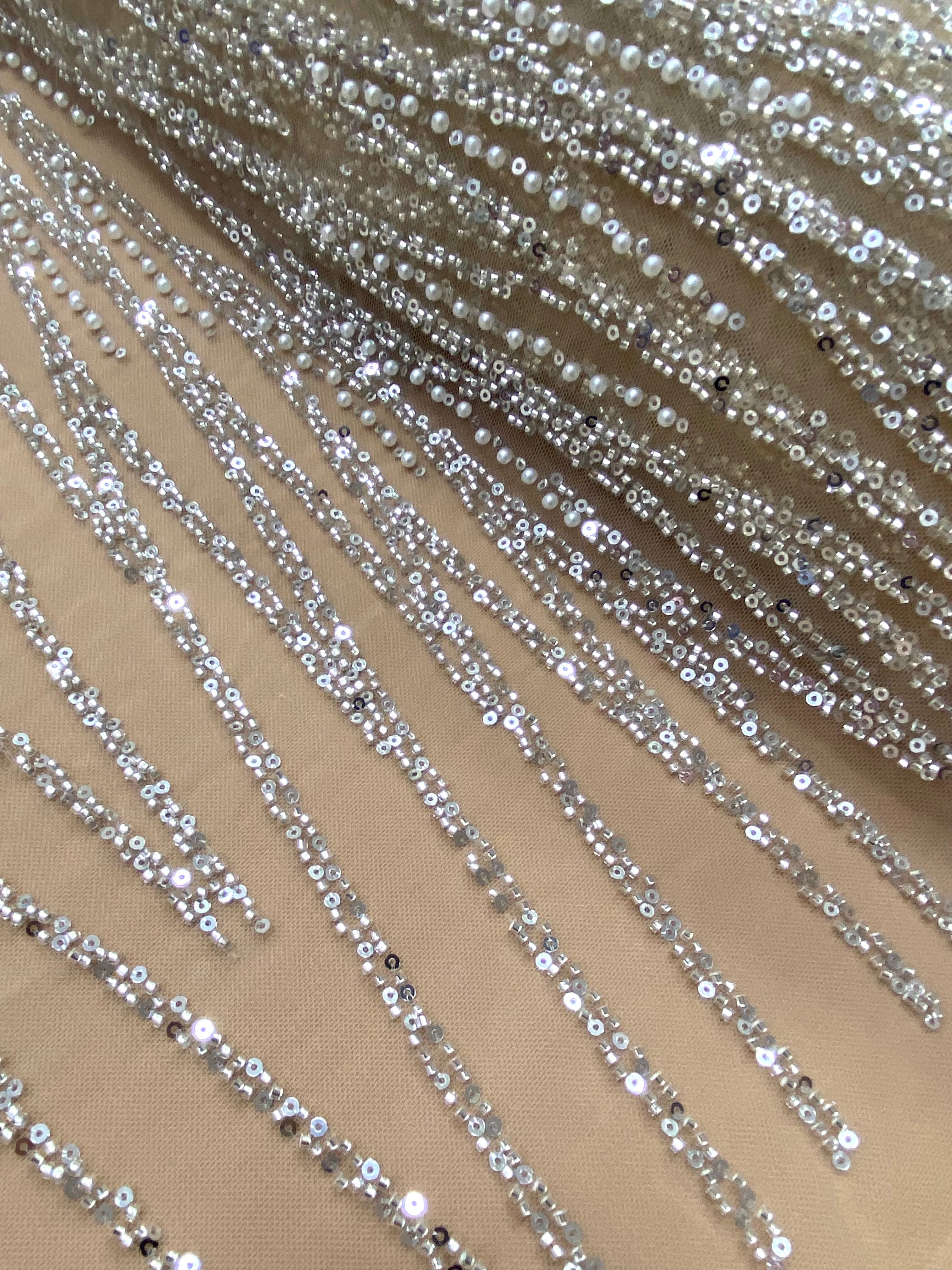Silver Couture Lace on Nude Tulle with Linear Pattern, with Beads and Sequins