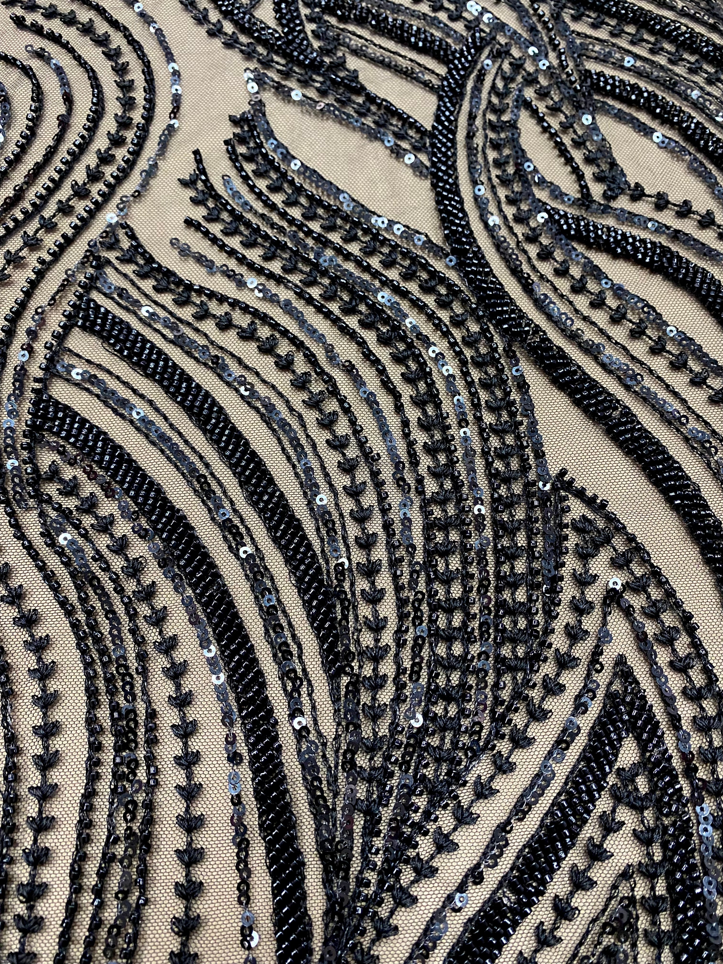 Ivory Lace with Linear Pattern, with Pearls and Sequins