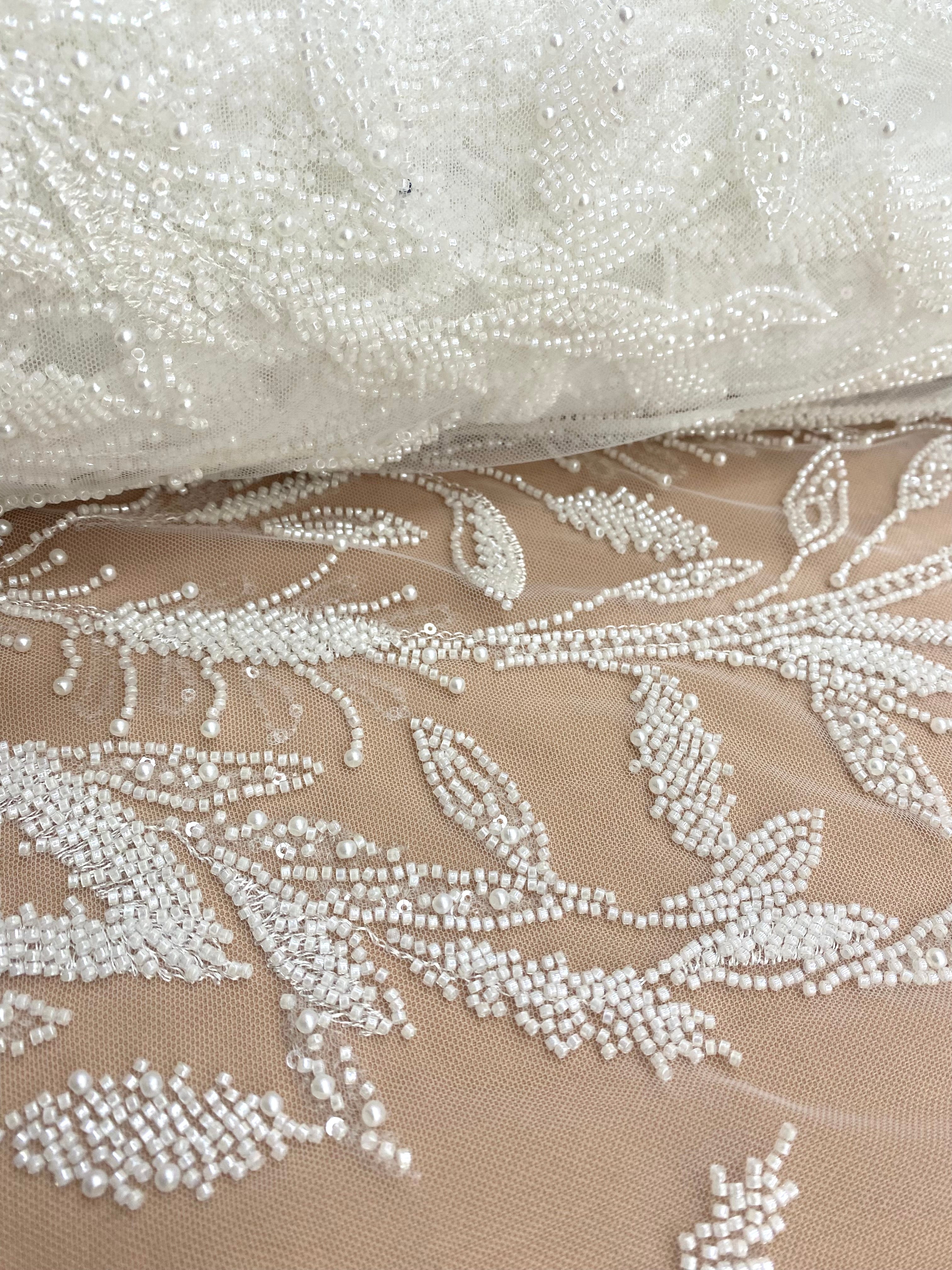 Ivory Couture Lace with Floral Pattern, Pearls, Beads and Sequins