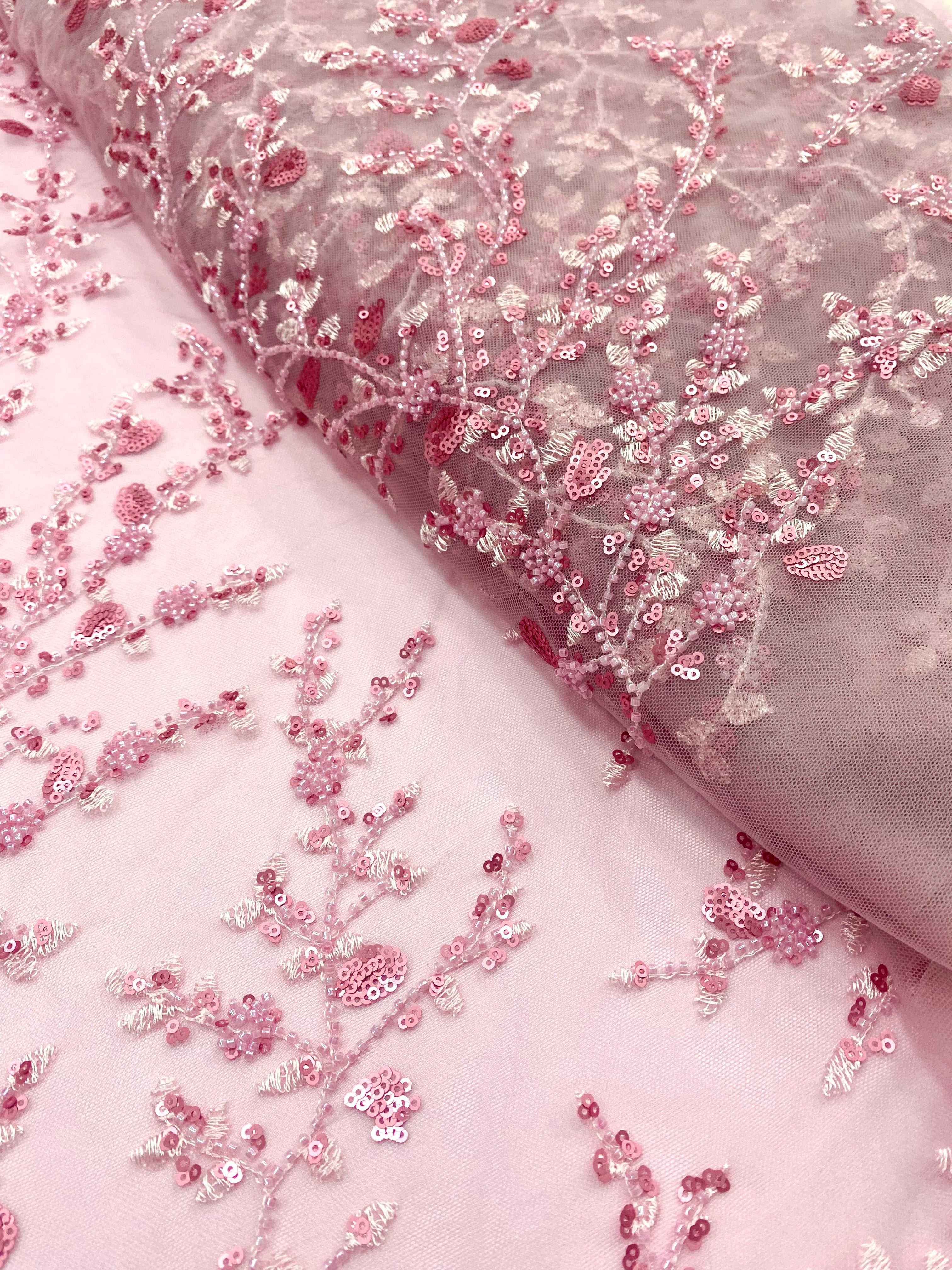 Pink Couture Lace with Floral Pattern, with Beads and Sequins