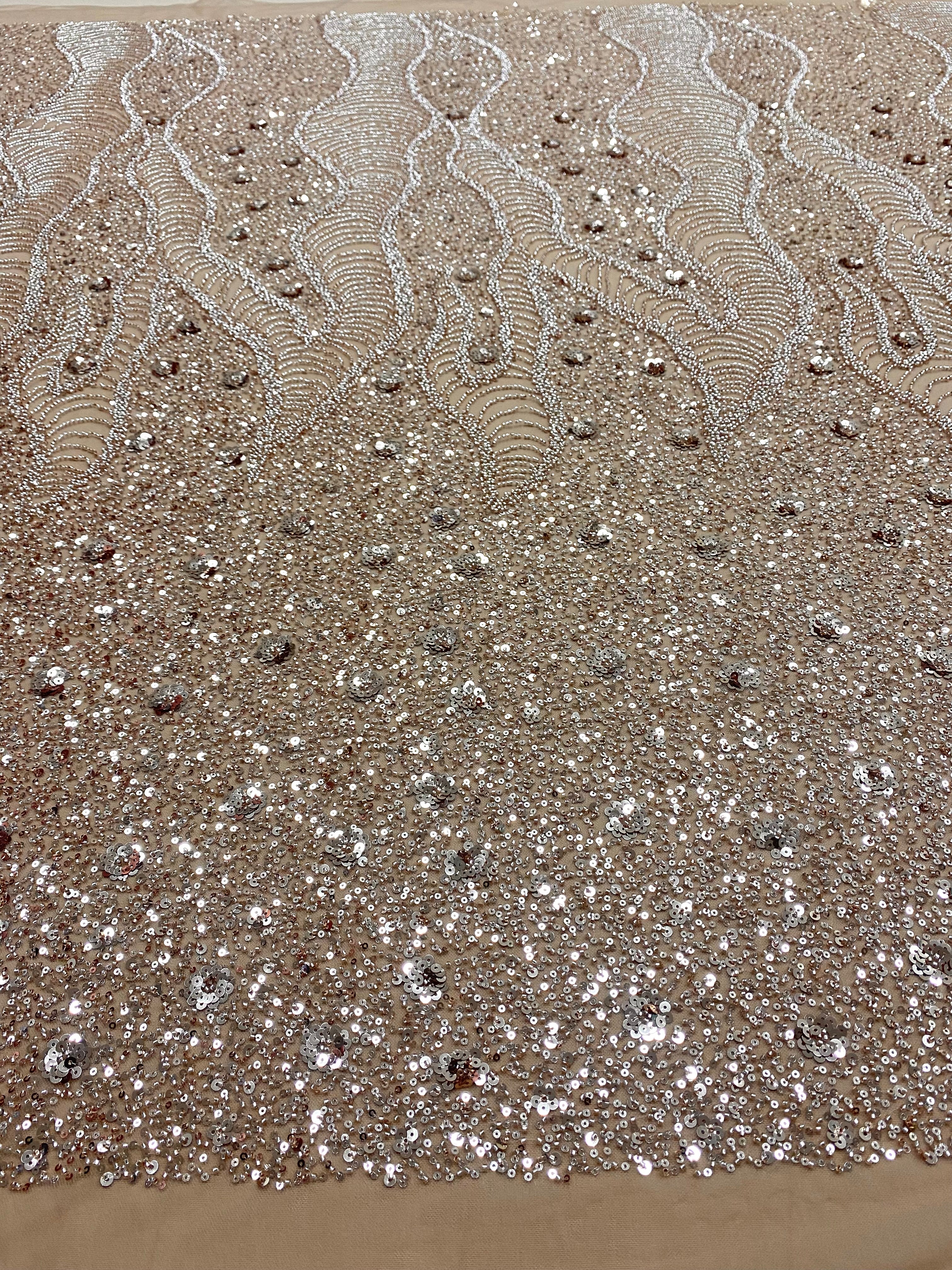 Rose Gold Couture Lace with Geometric and Floral Pattern, with Beads and Sequins