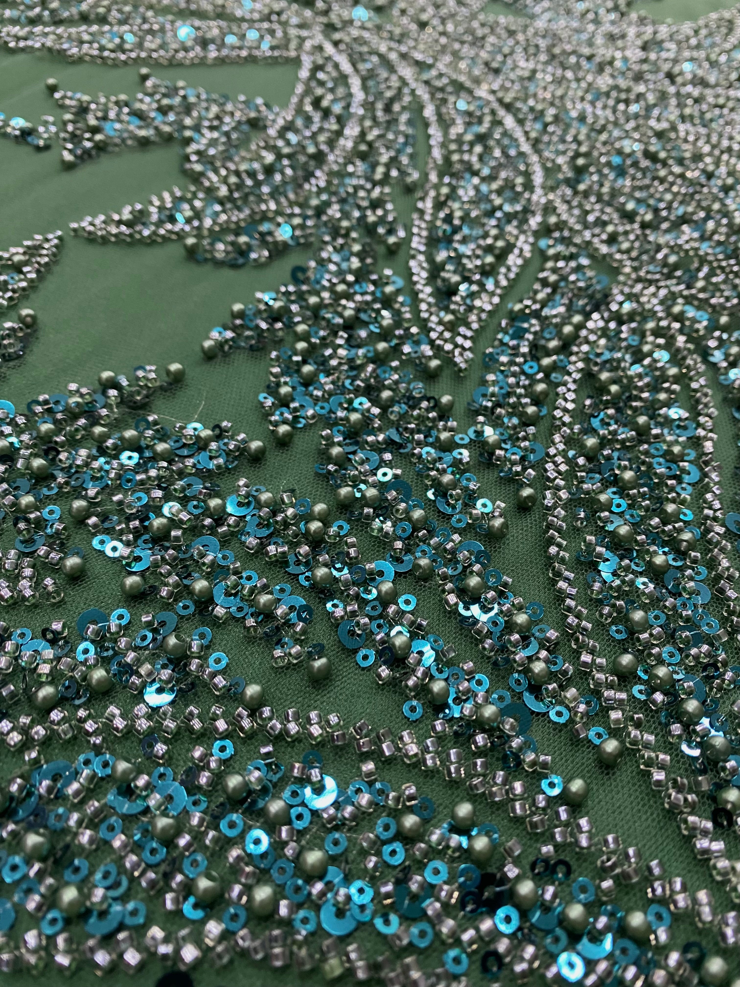 Emerald Green Couture Lace with Panel, with Pearls, Beads and Sequins