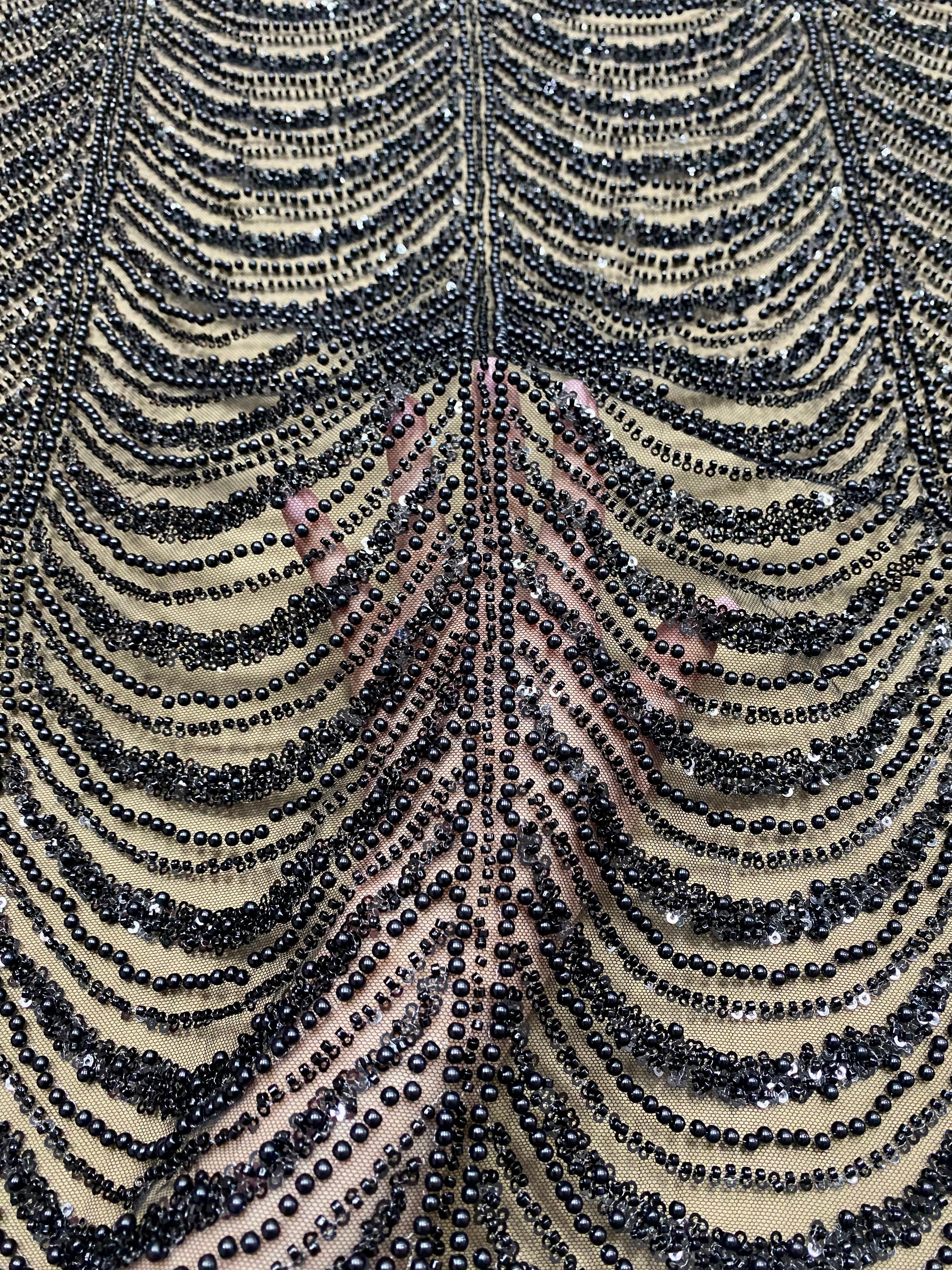 Black Couture Lace with Geometric Pattern, with Pearls, Beads and Sequins