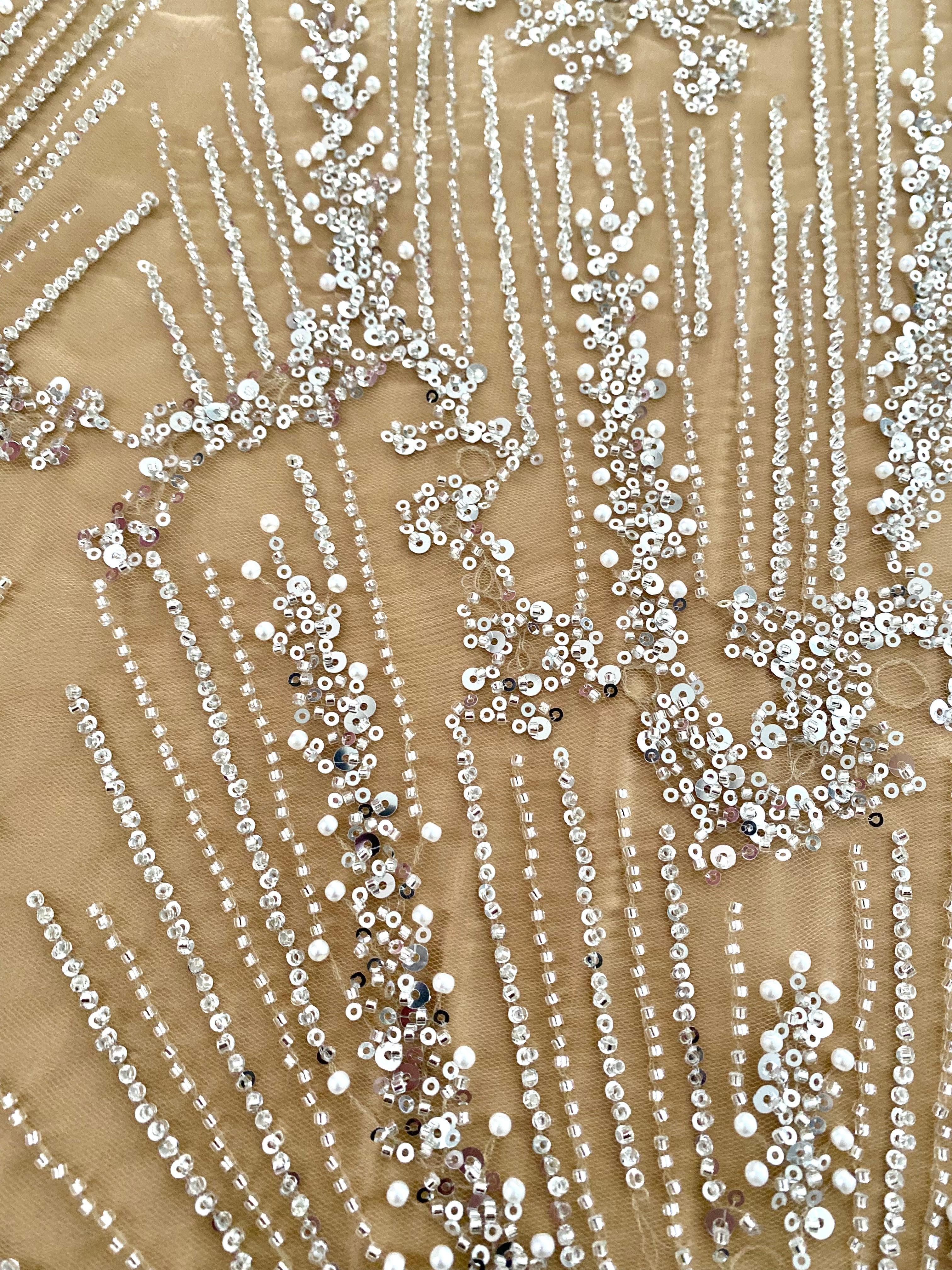 0.9m Voucher of Silver Couture Lace on Champagne Tulle, with Symmetrical Pattern, with Beads and Sequins 