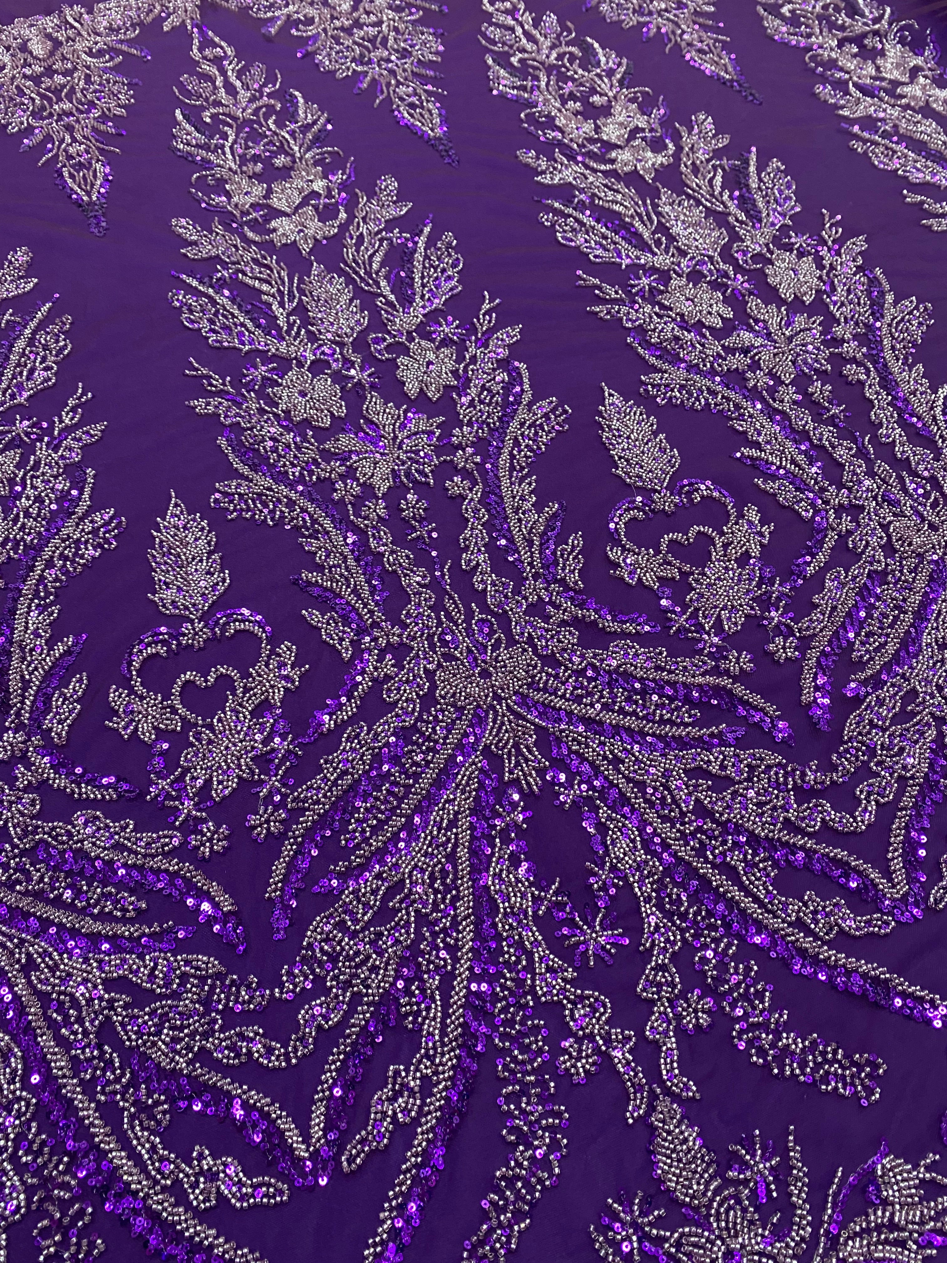 Dantela Couture Mov Inchis cu Model Floral, cu Margele si Paiete