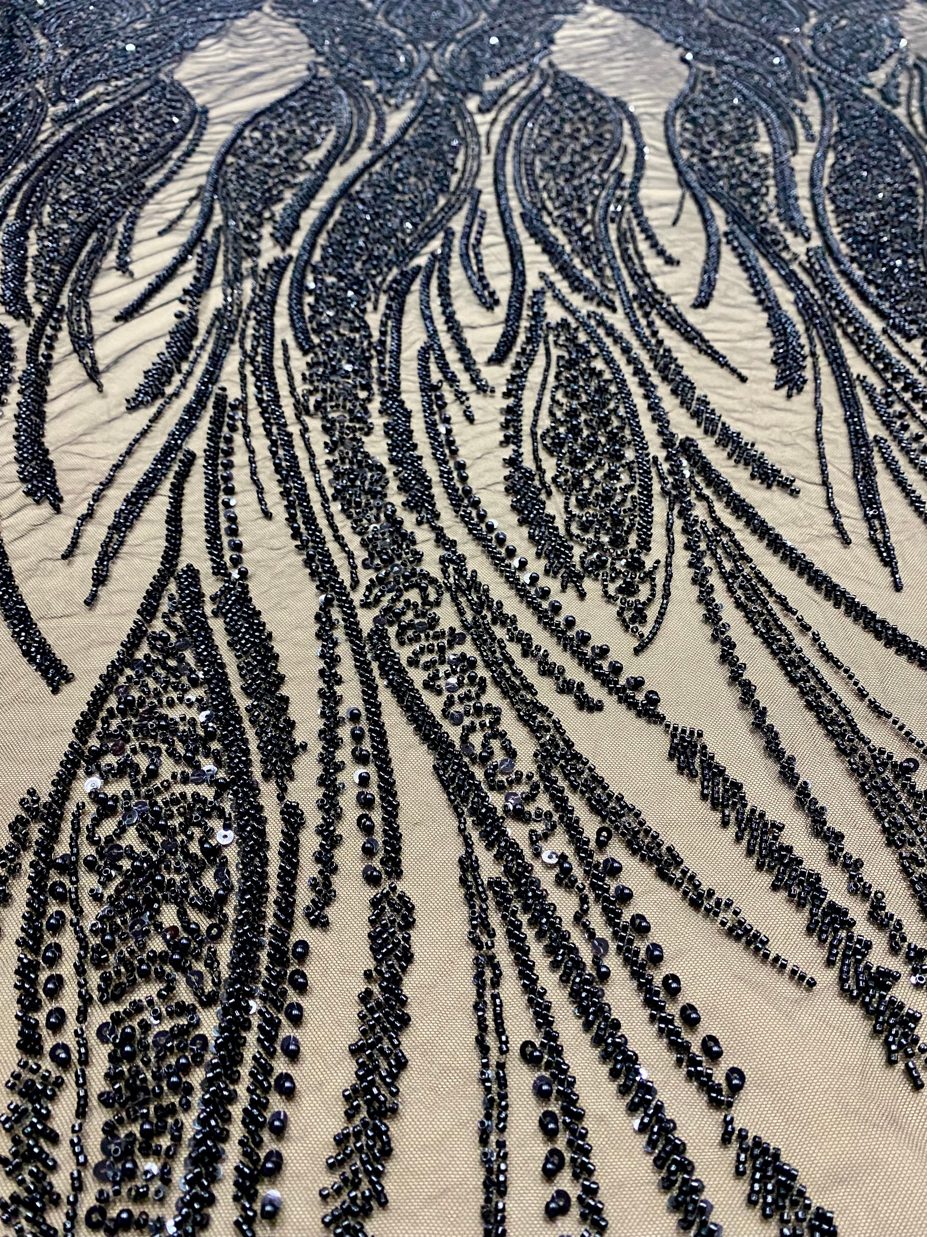 Black Couture Lace with Panel, with Pearls, Beads and Sequins