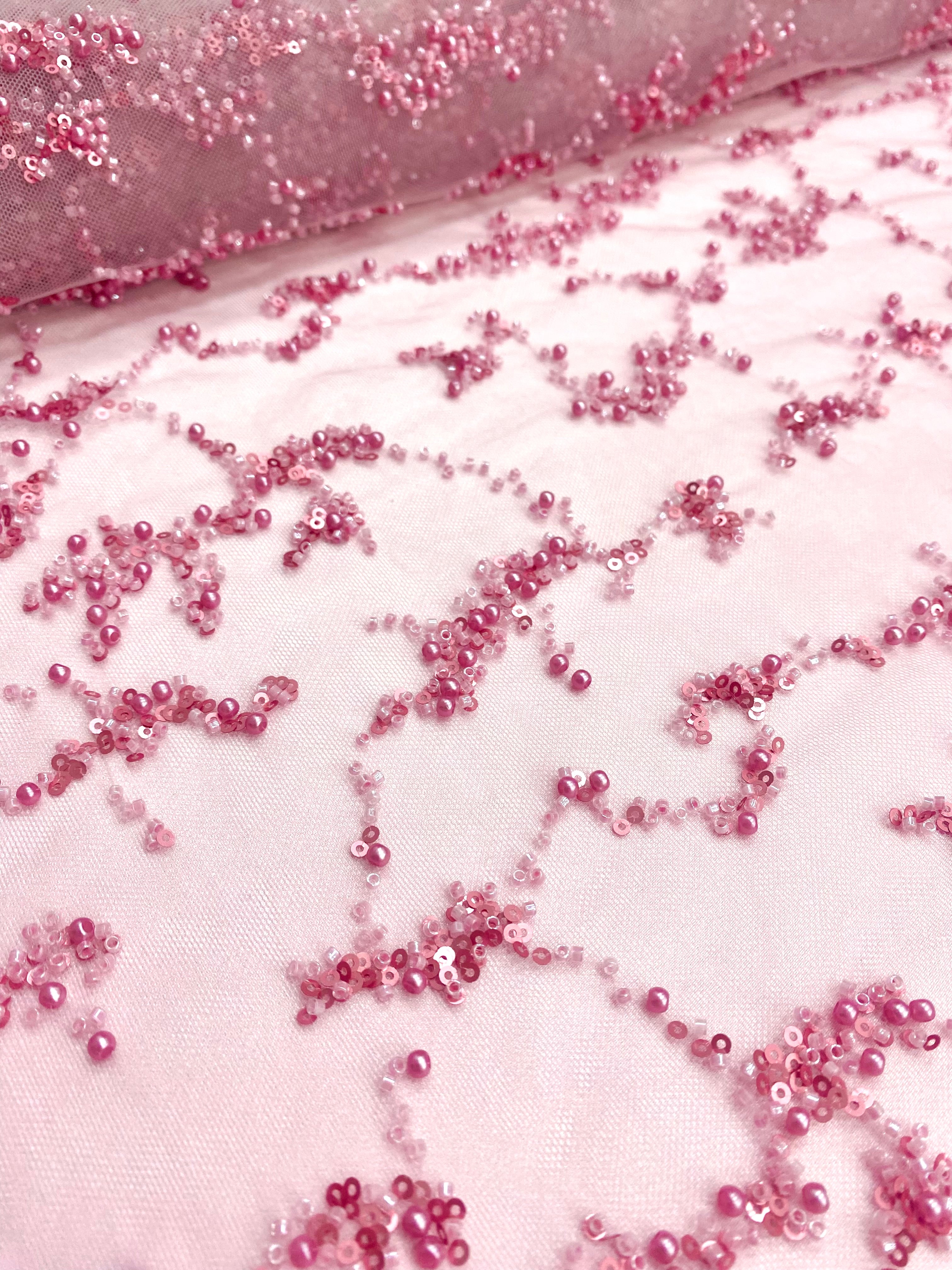 Pink Couture Lace with Pearls, Beads and Sequins