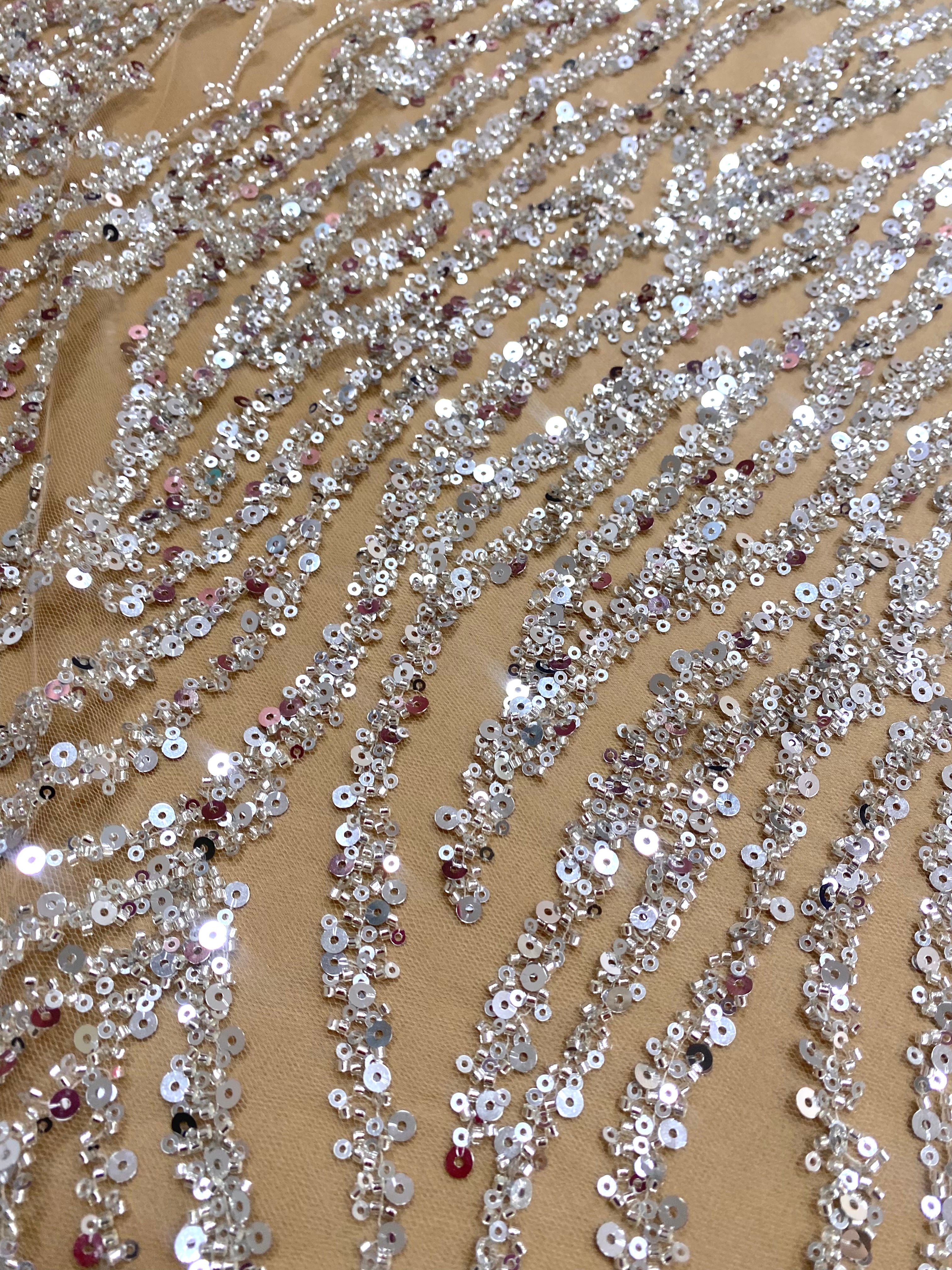 Silver Lace with Linear Pattern, with Pearls and Sequins