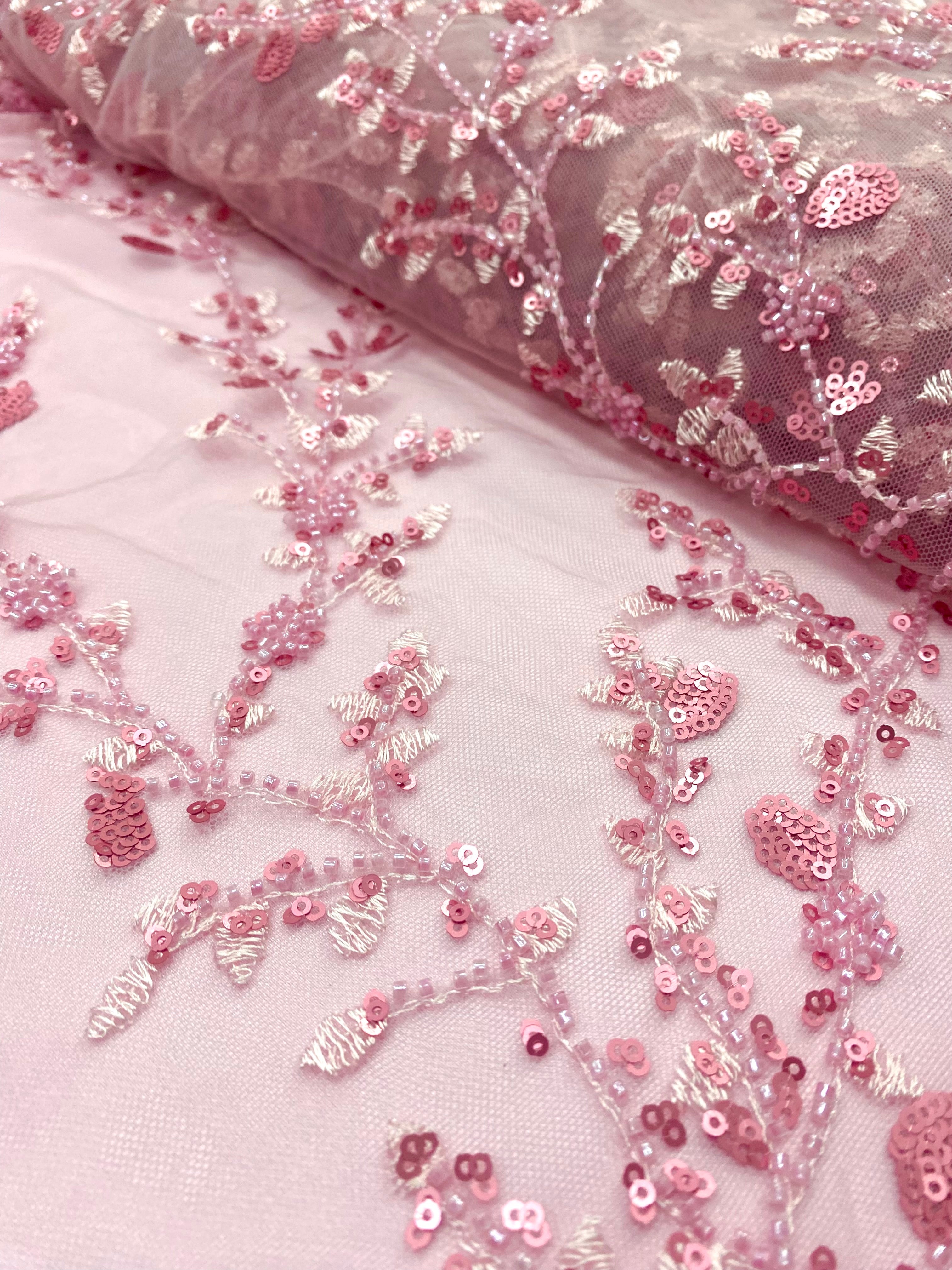 Pink Couture Lace with Floral Pattern, with Beads and Sequins
