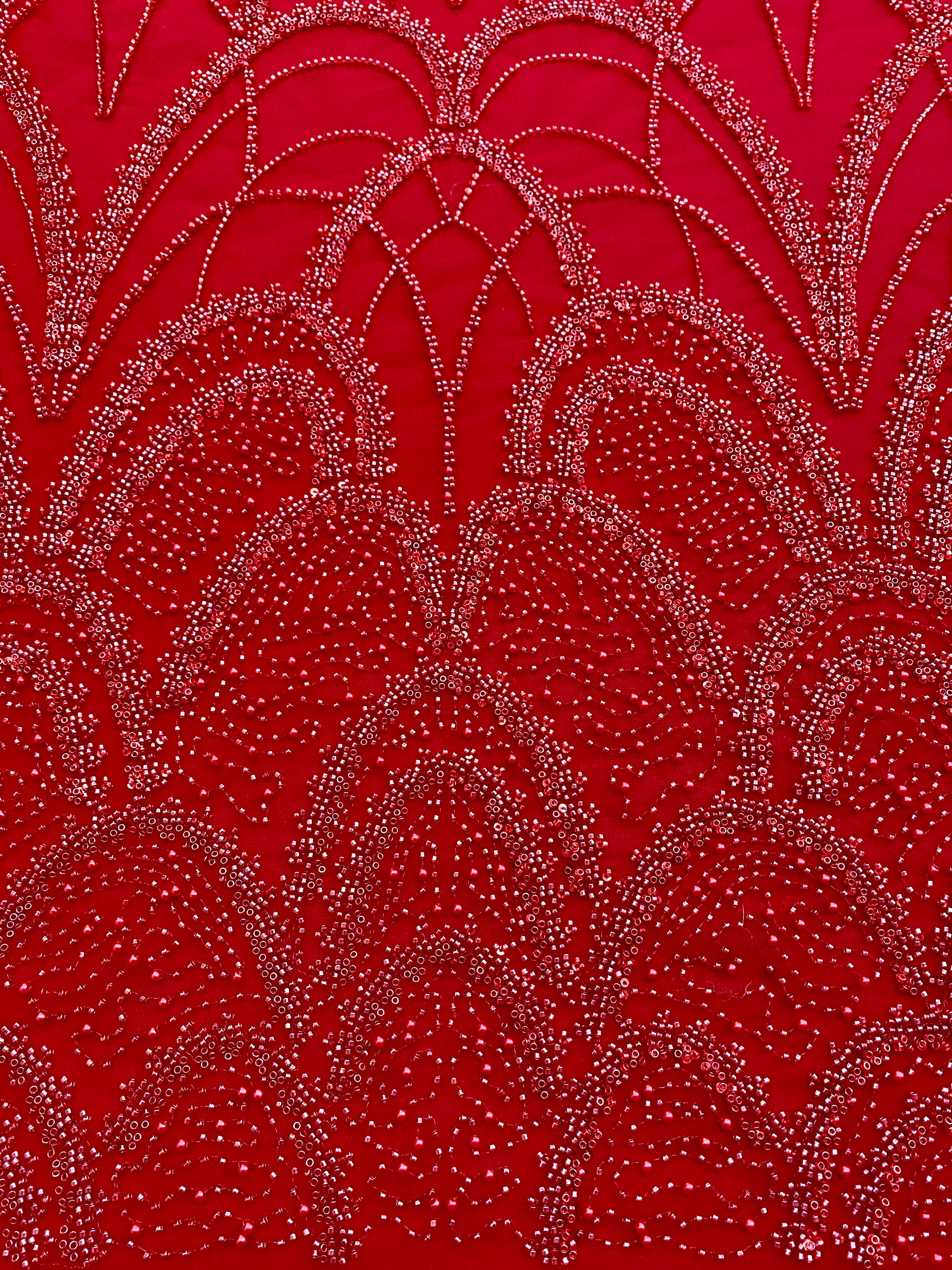 Dantela Couture Rosie cu Model Geometric, cu Perle, Margele si Paiete