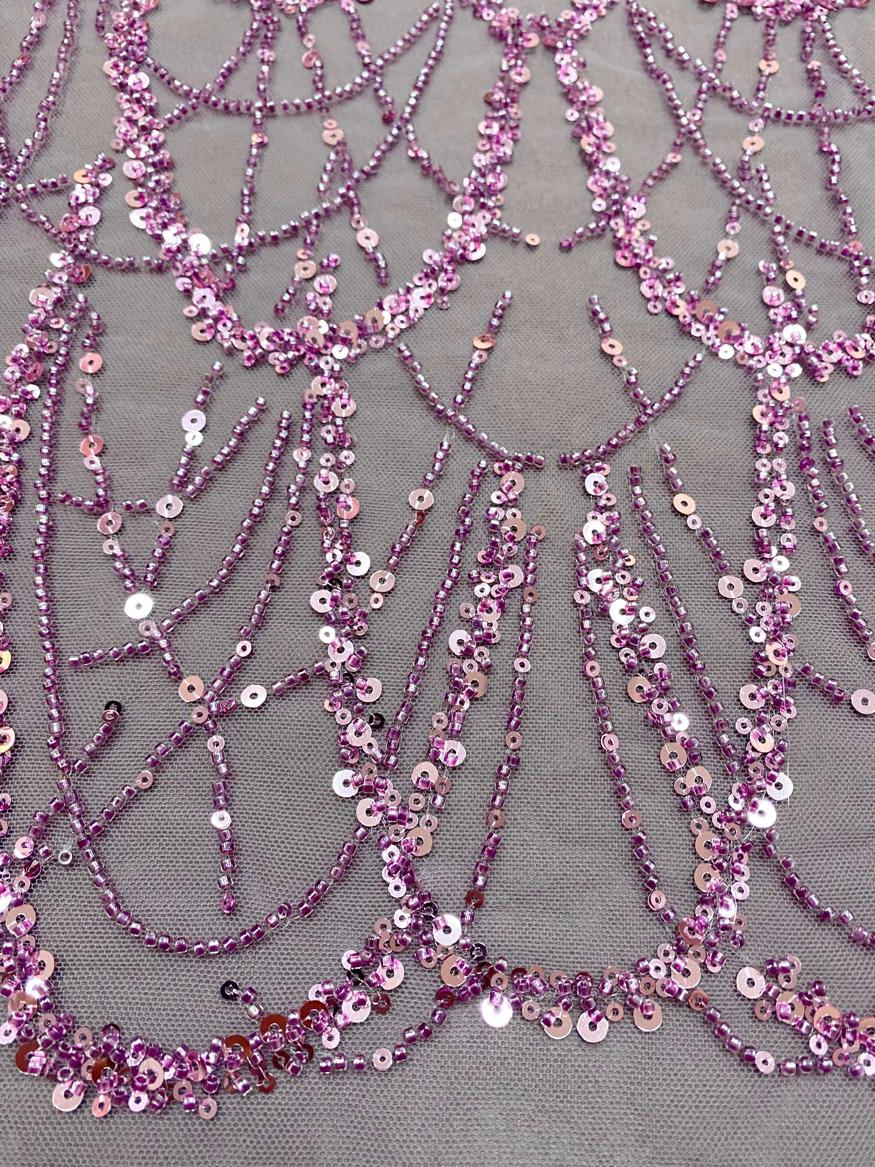 Dantela Couture Lavanda Pudrata cu Model Geometric cu Margele si Paiete