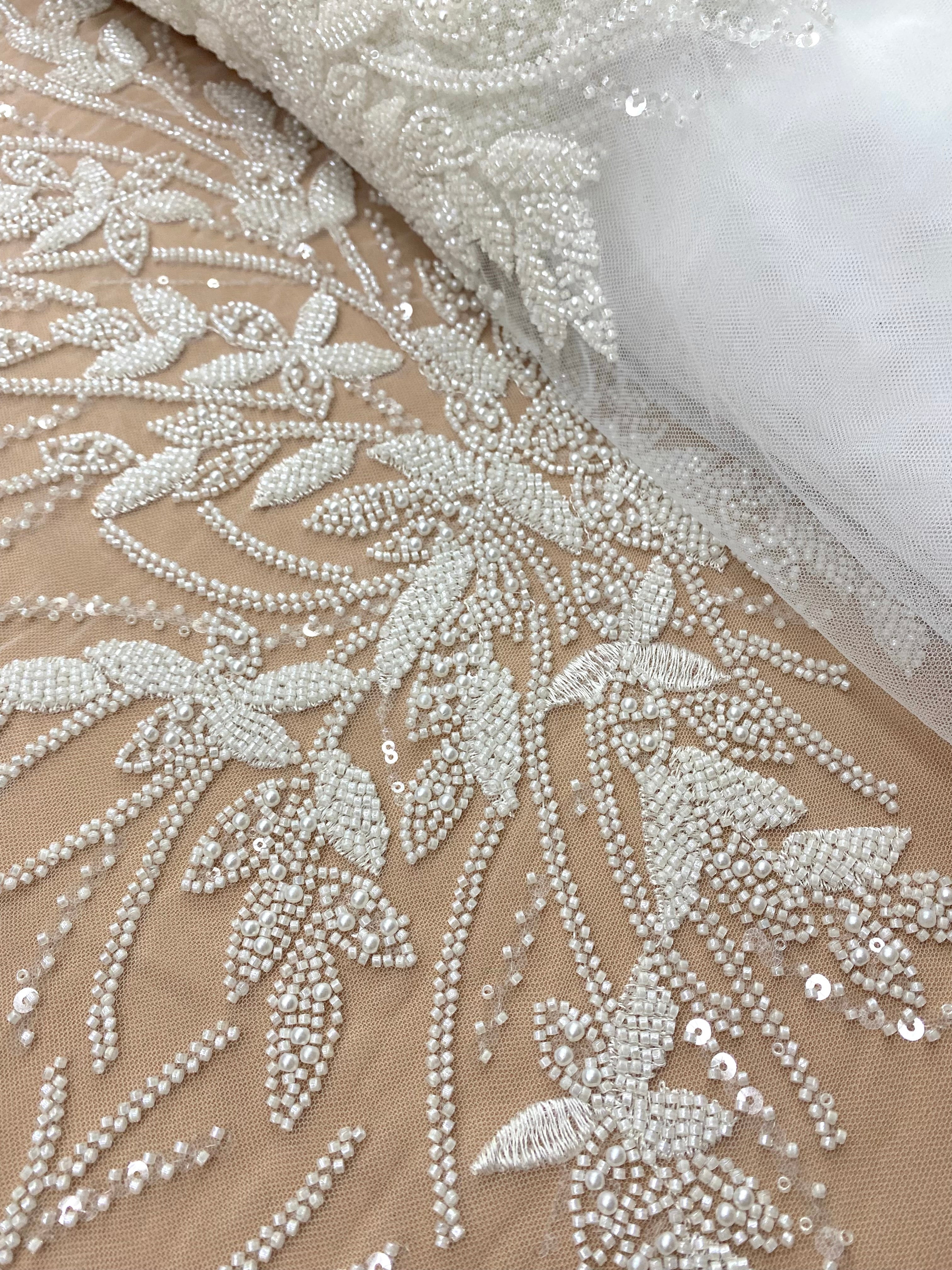 Ivory Couture Lace with Floral Pattern, Pearls, Beads and Sequins