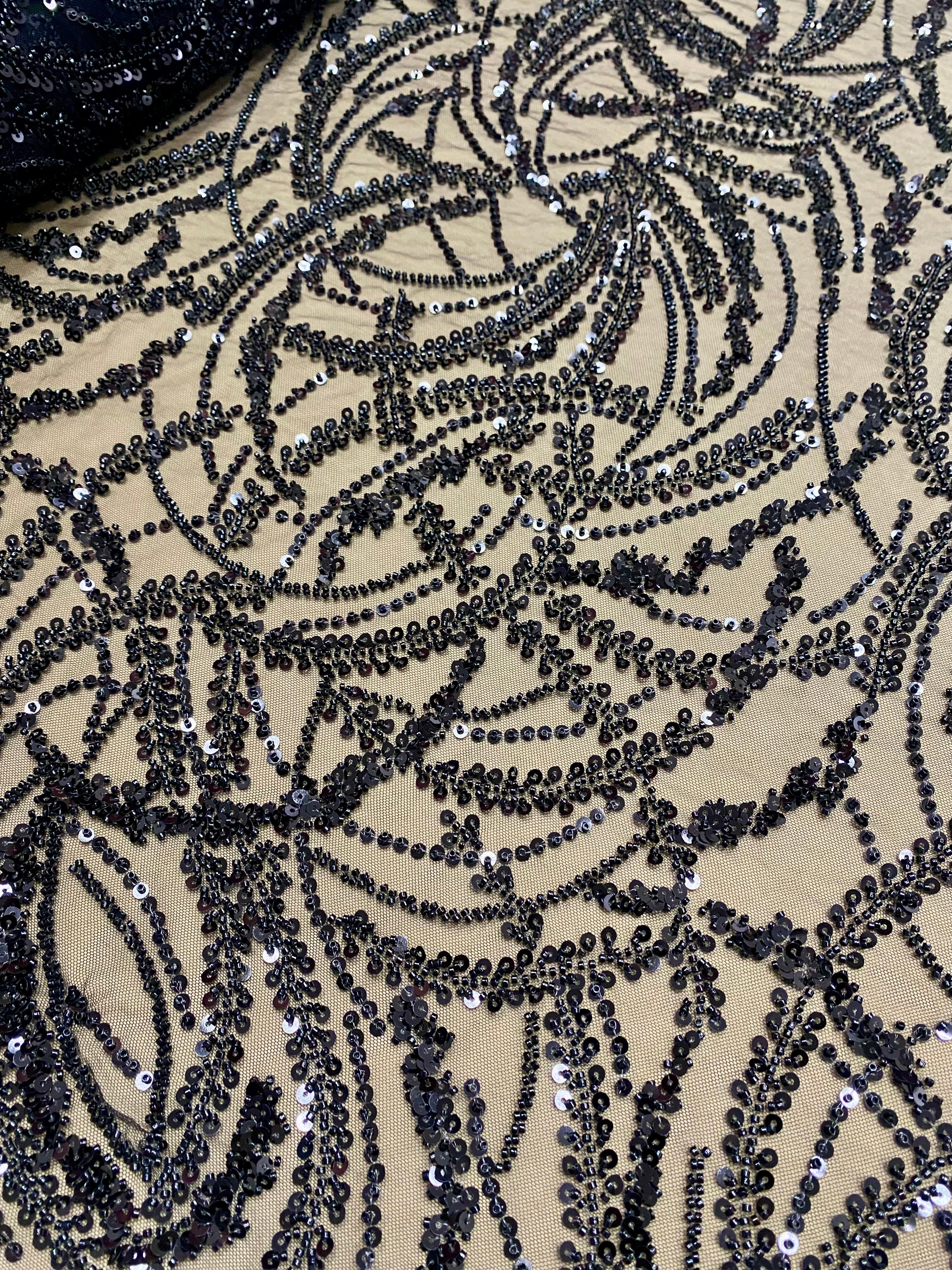 Black Couture Lace with Geometric Pattern, Beads and Sequins