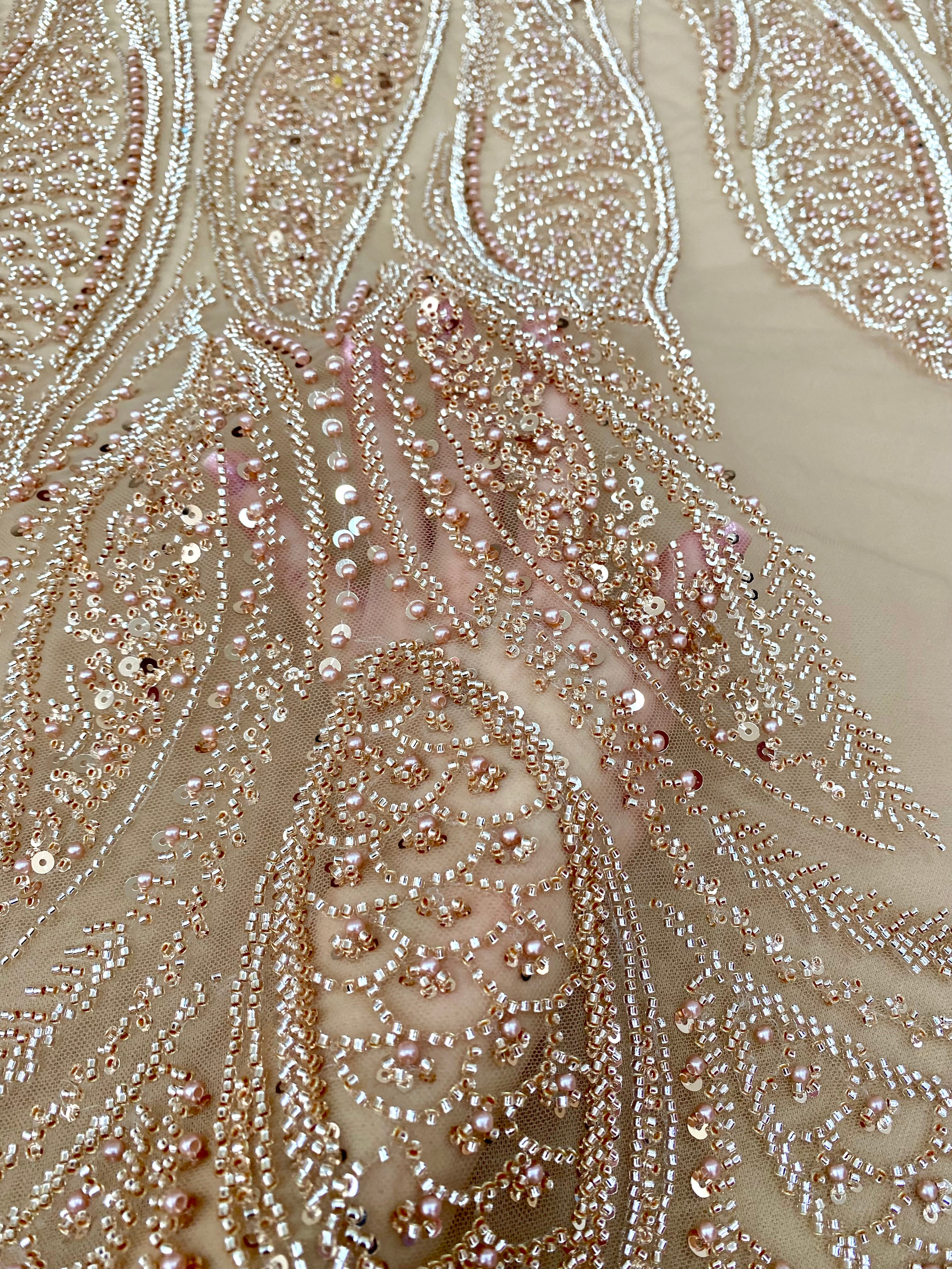 Rose Gold Couture Lace with Panel, Pearls, Beads and Sequins